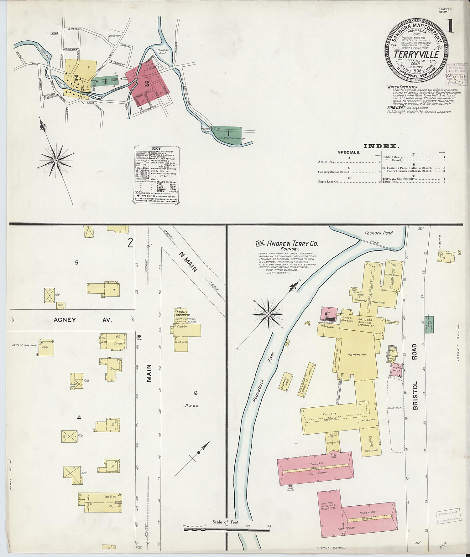 This old map of Terryville, Litchfield County, Connecticut was created by Sanborn Map Company in 1908