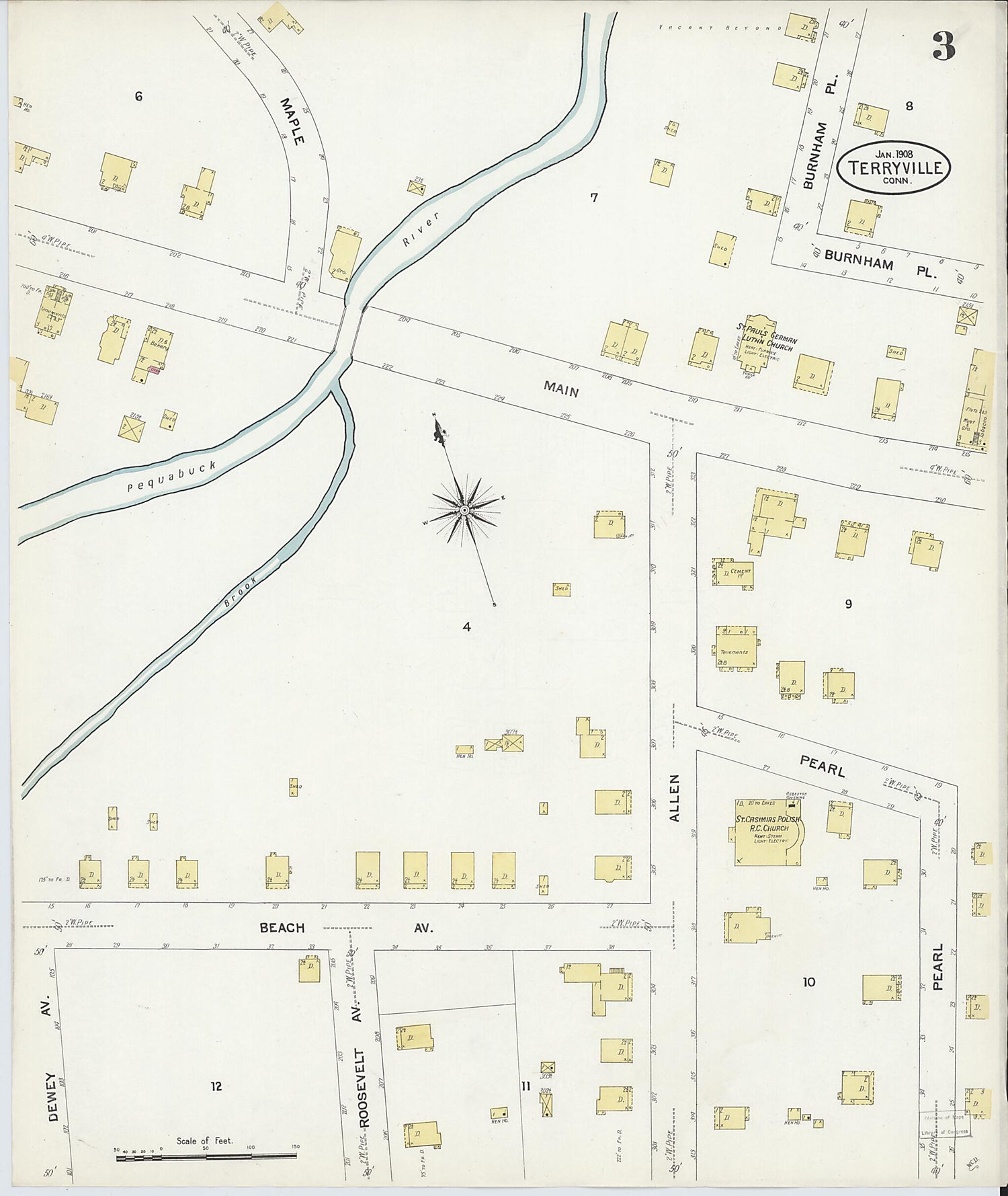 This old map of Terryville, Litchfield County, Connecticut was created by Sanborn Map Company in 1908