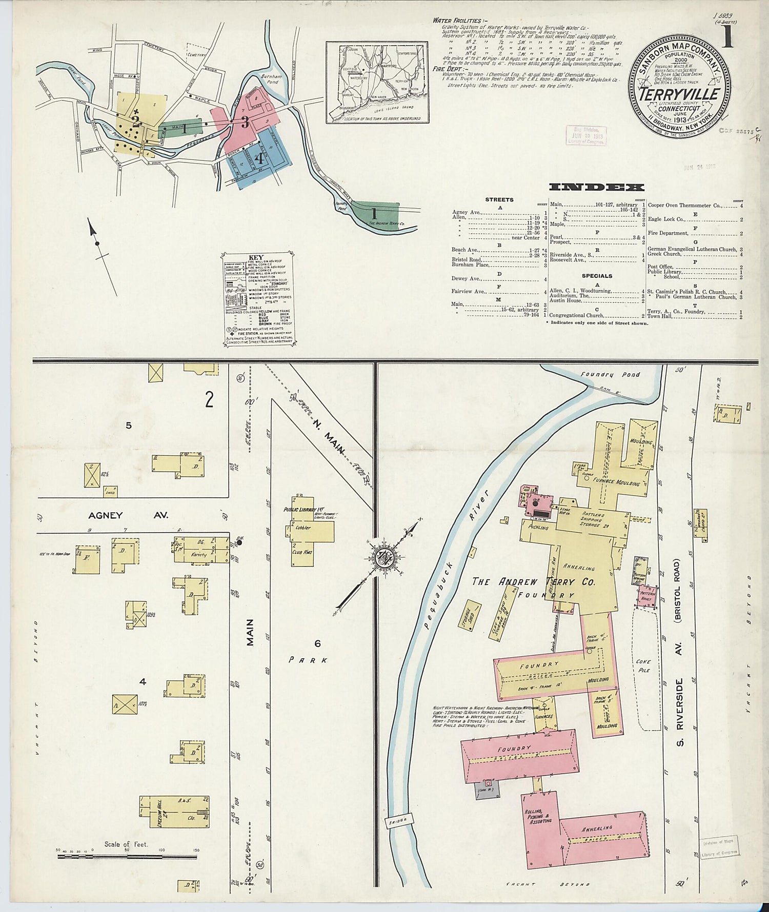 This old map of Terryville, Litchfield County, Connecticut was created by Sanborn Map Company in 1913