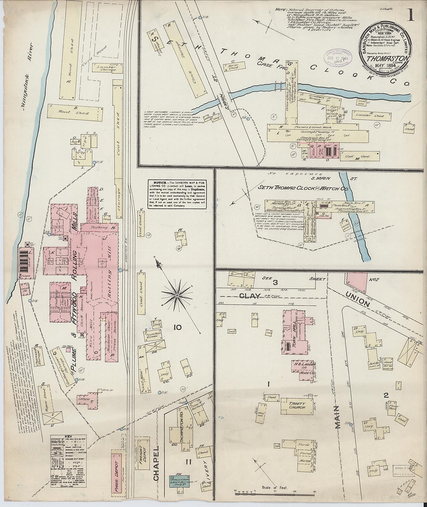 This old map of Thomaston, Litchfield County, Connecticut was created by Sanborn Map Company in 1884