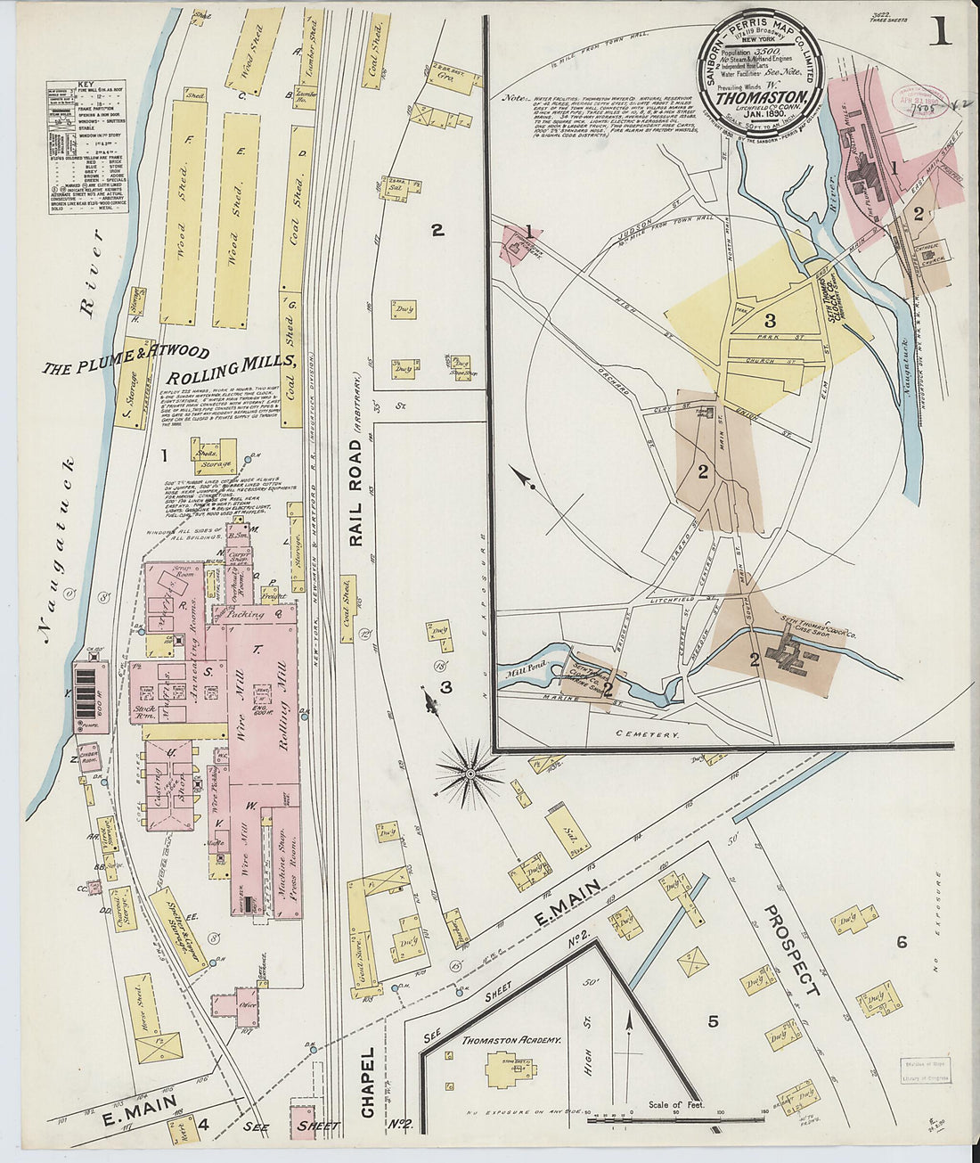 This old map of Thomaston, Litchfield County, Connecticut was created by Sanborn Map Company in 1890
