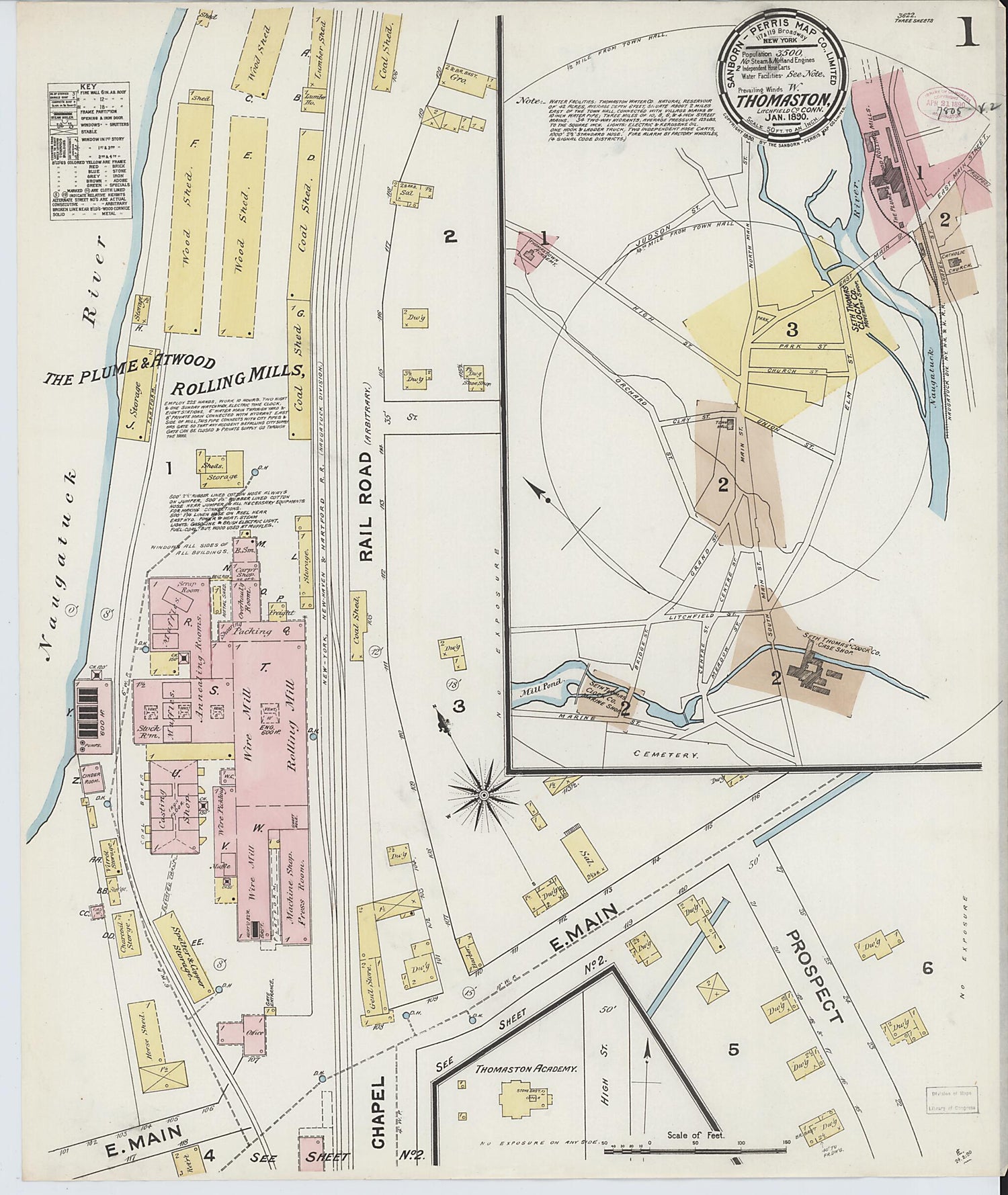 This old map of Thomaston, Litchfield County, Connecticut was created by Sanborn Map Company in 1890