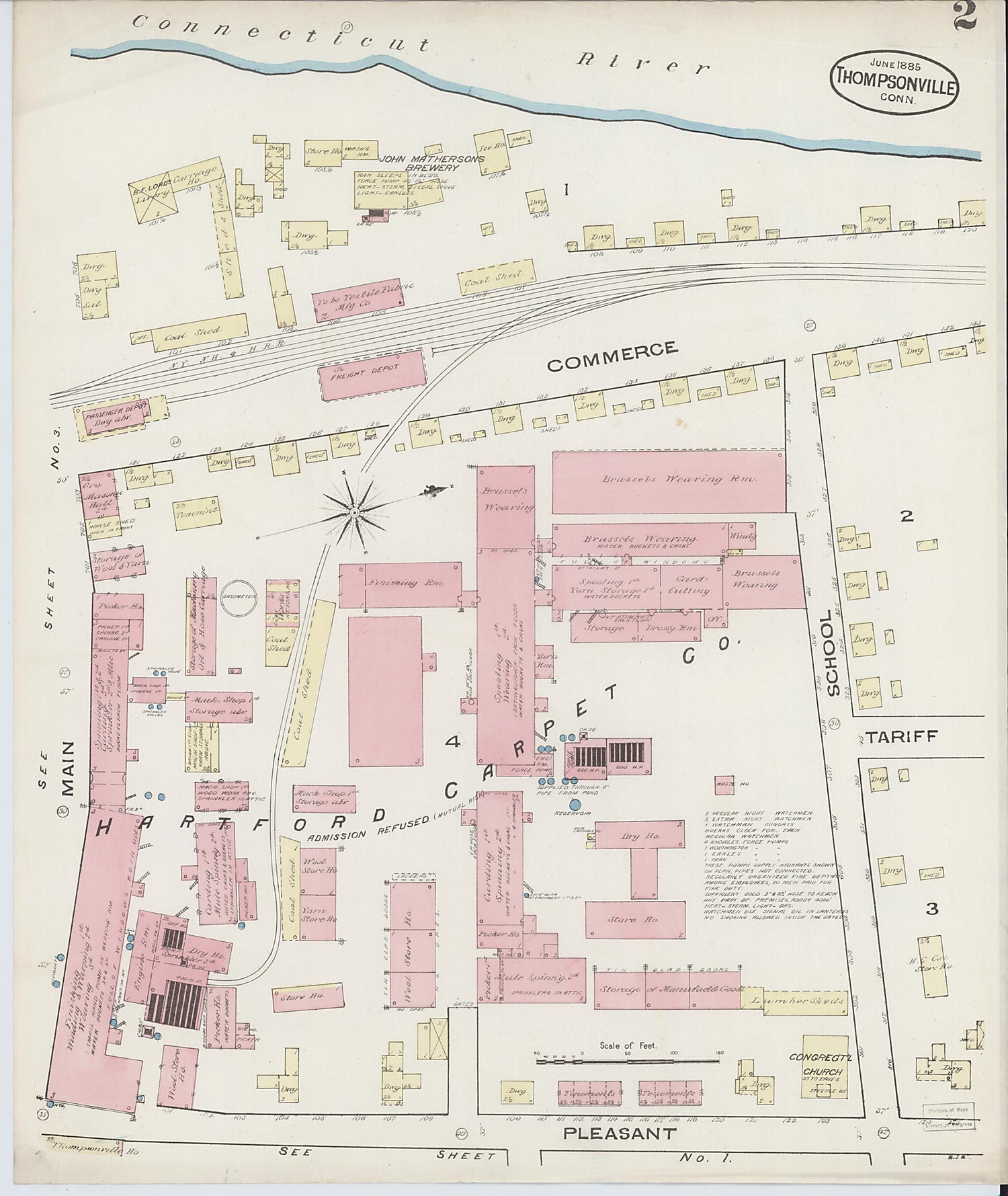 This old map of Thompsonville, Hartford County, Connecticut was created by Sanborn Map Company in 1885