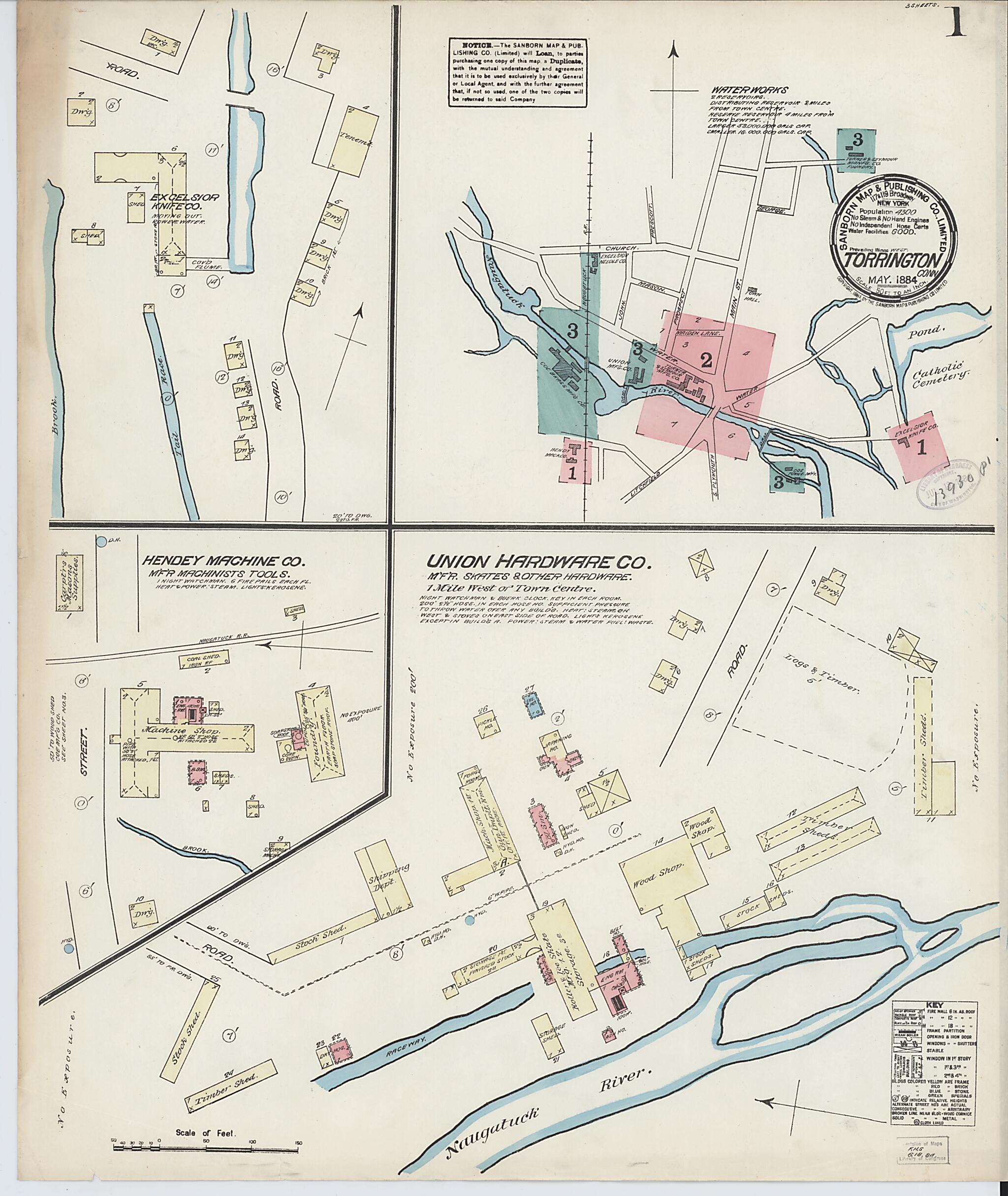 This old map of Torrington, Litchfield County, Connecticut was created by Sanborn Map Company in 1884