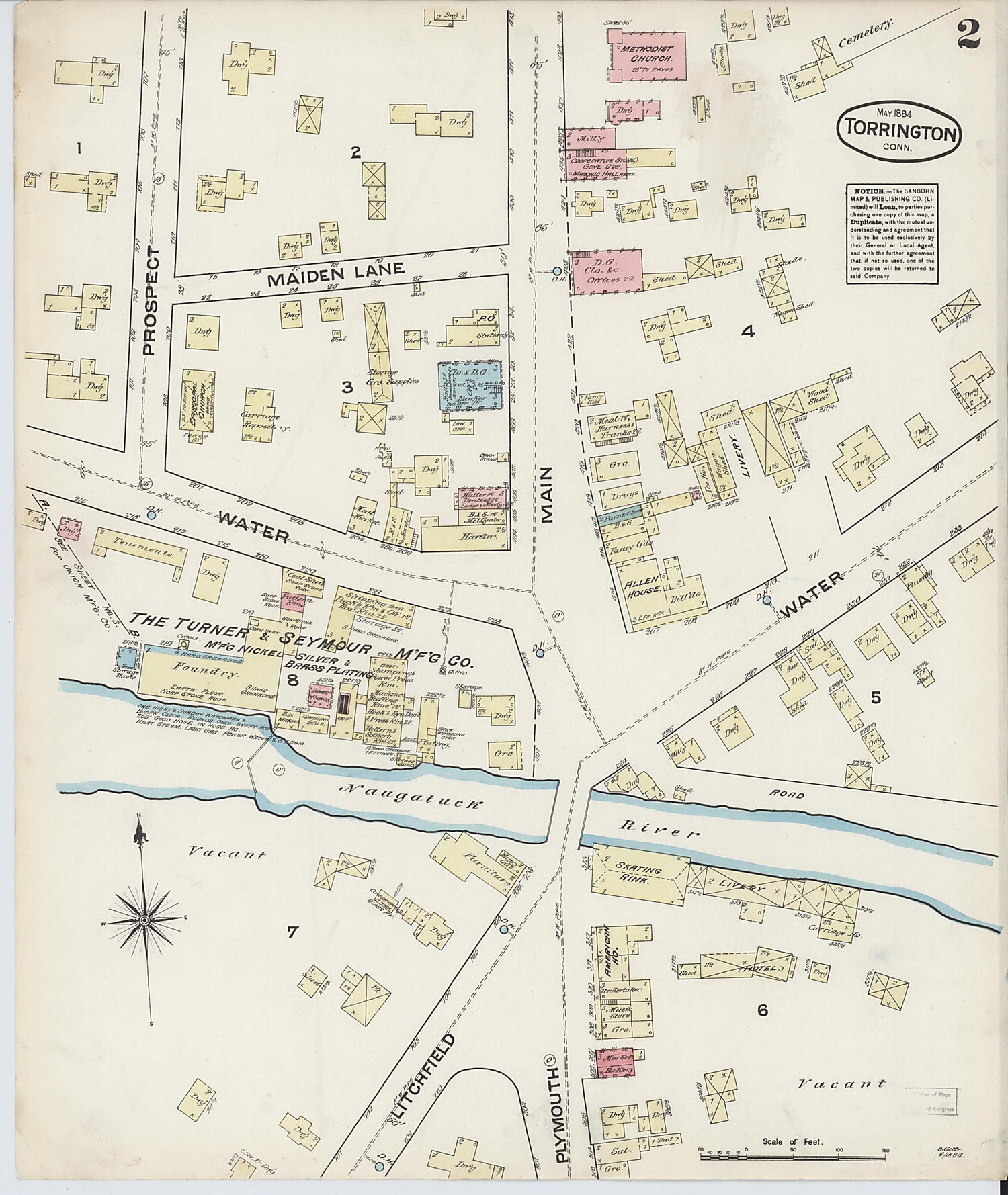 This old map of Torrington, Litchfield County, Connecticut was created by Sanborn Map Company in 1884