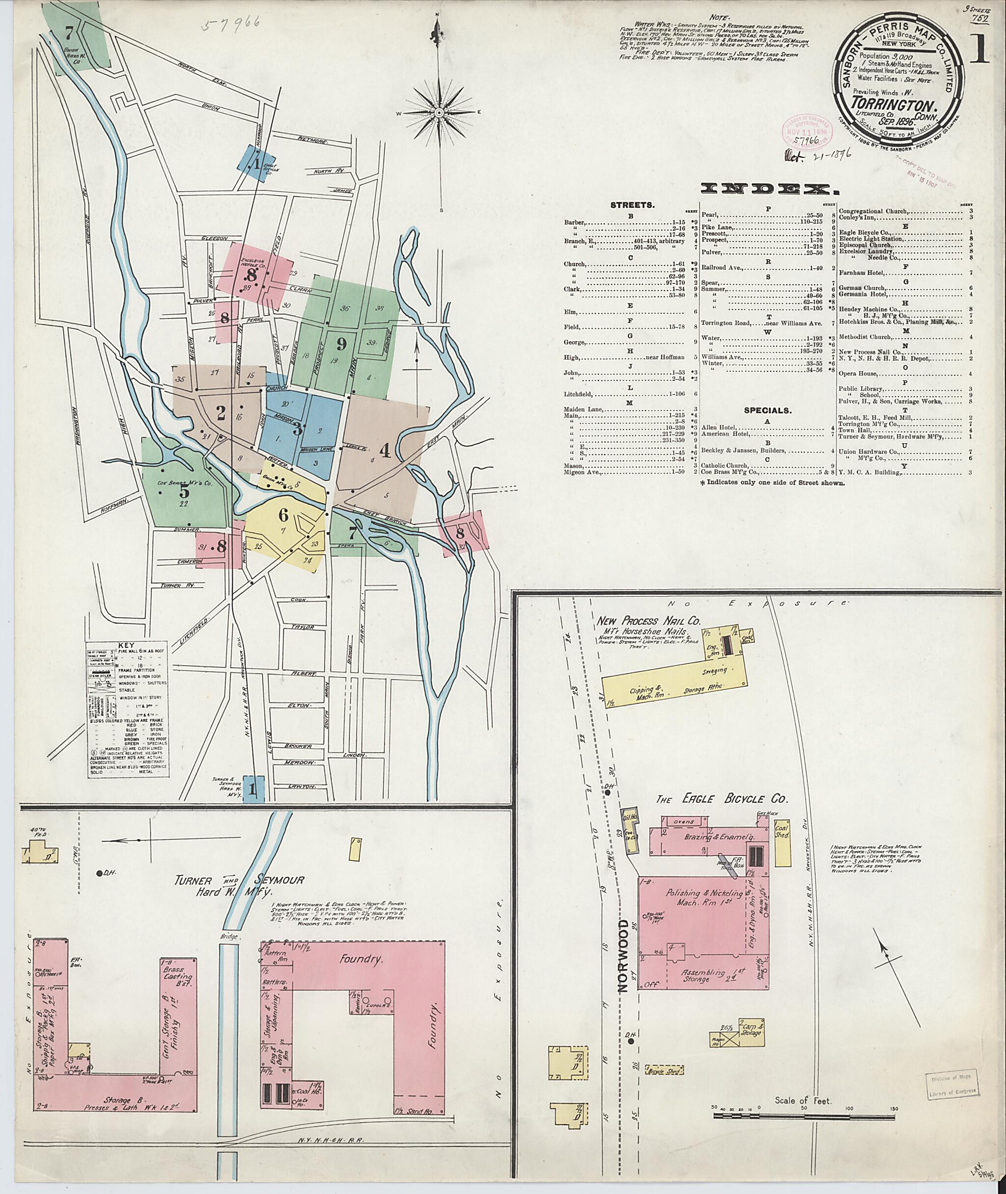 This old map of Torrington, Litchfield County, Connecticut was created by Sanborn Map Company in 1896