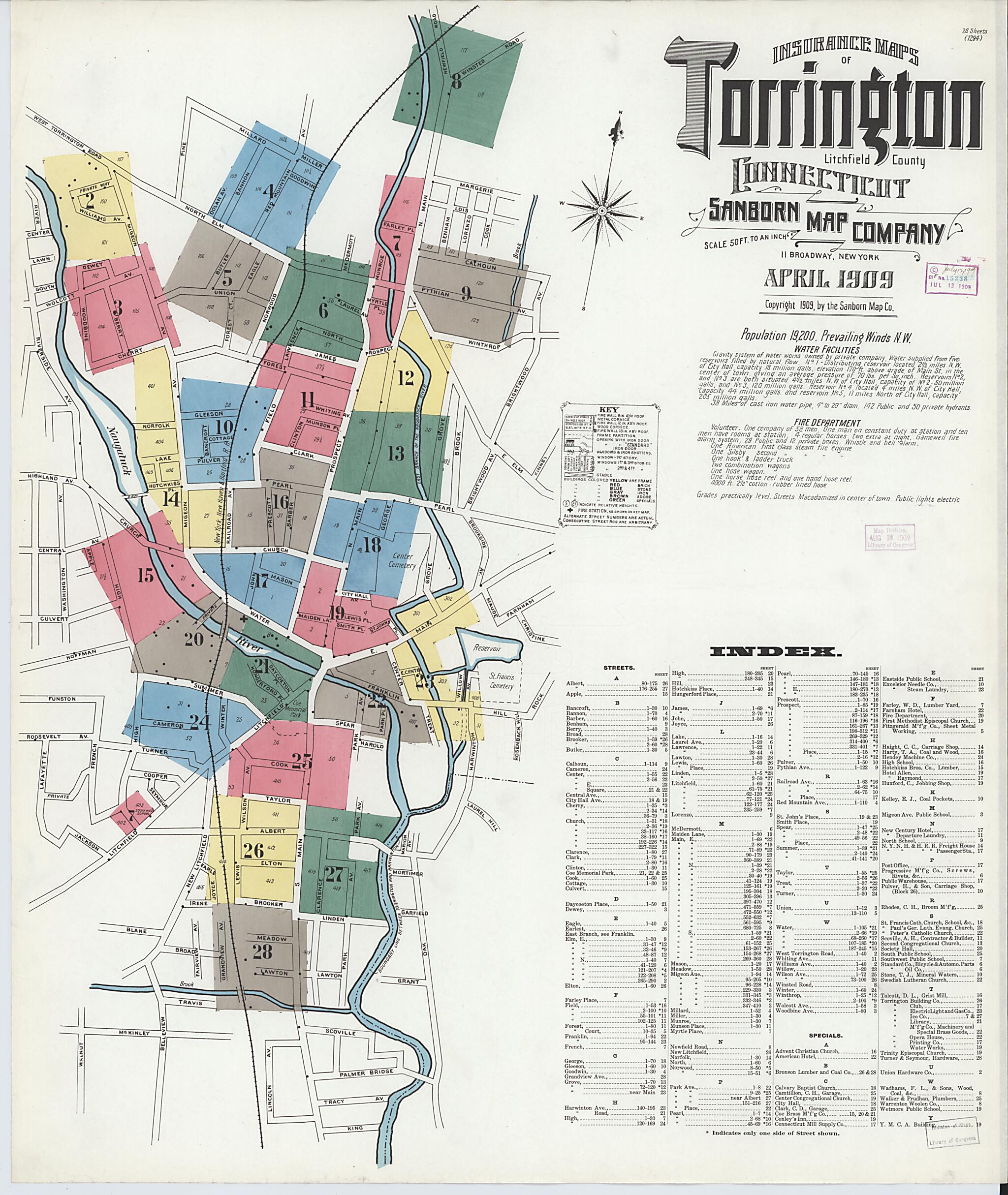 This old map of Torrington, Litchfield County, Connecticut was created by Sanborn Map Company in 1909