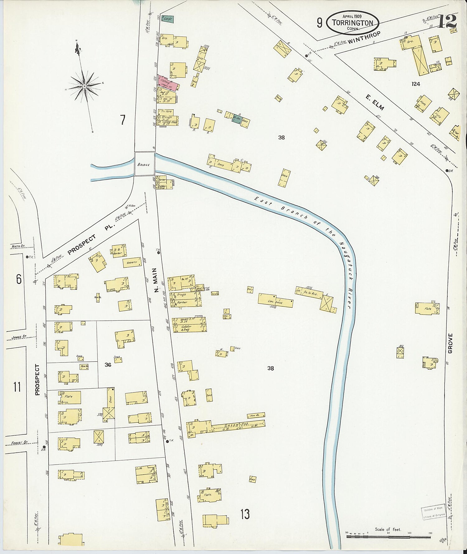 This old map of Torrington, Litchfield County, Connecticut was created by Sanborn Map Company in 1909