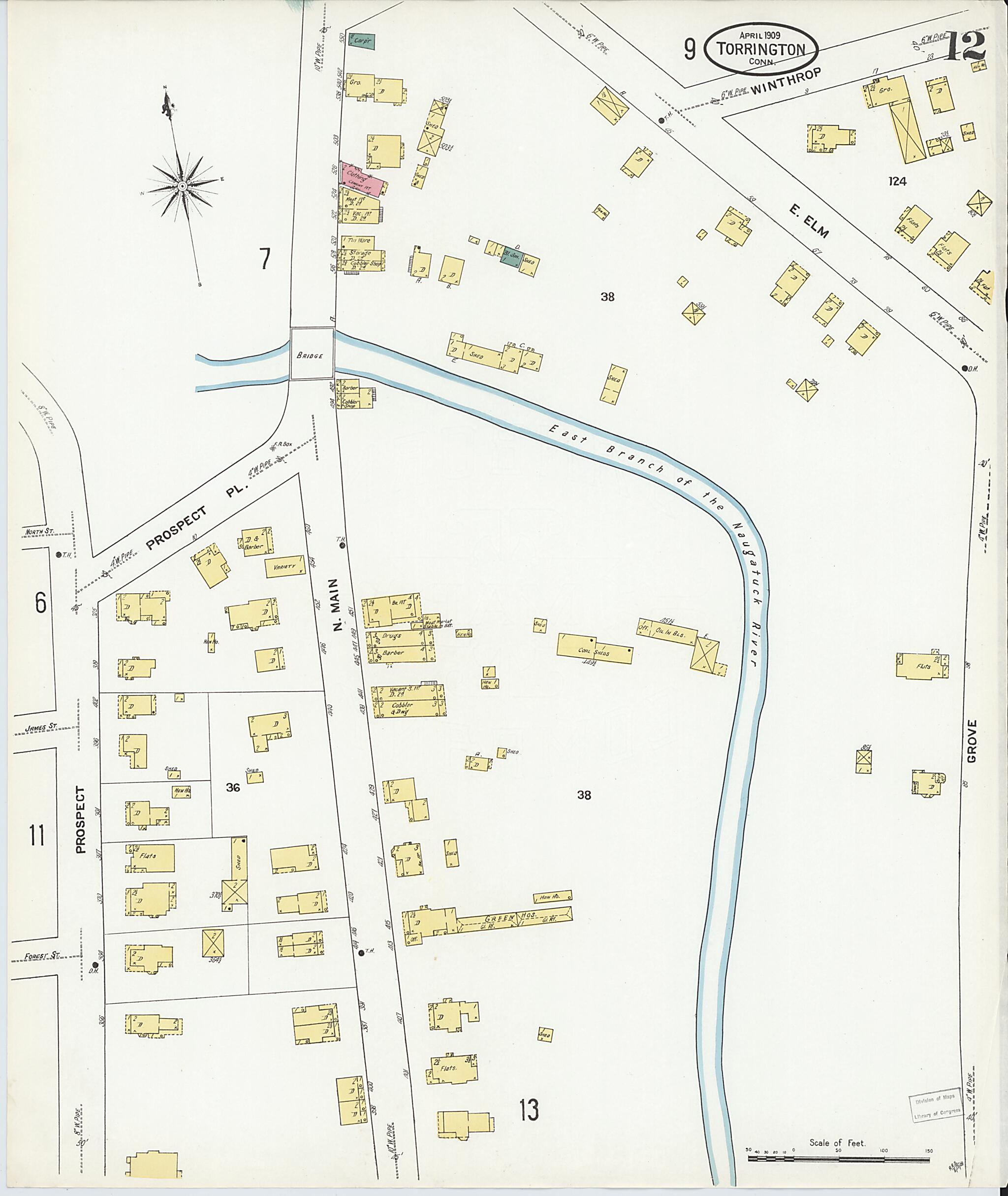 This old map of Torrington, Litchfield County, Connecticut was created by Sanborn Map Company in 1909