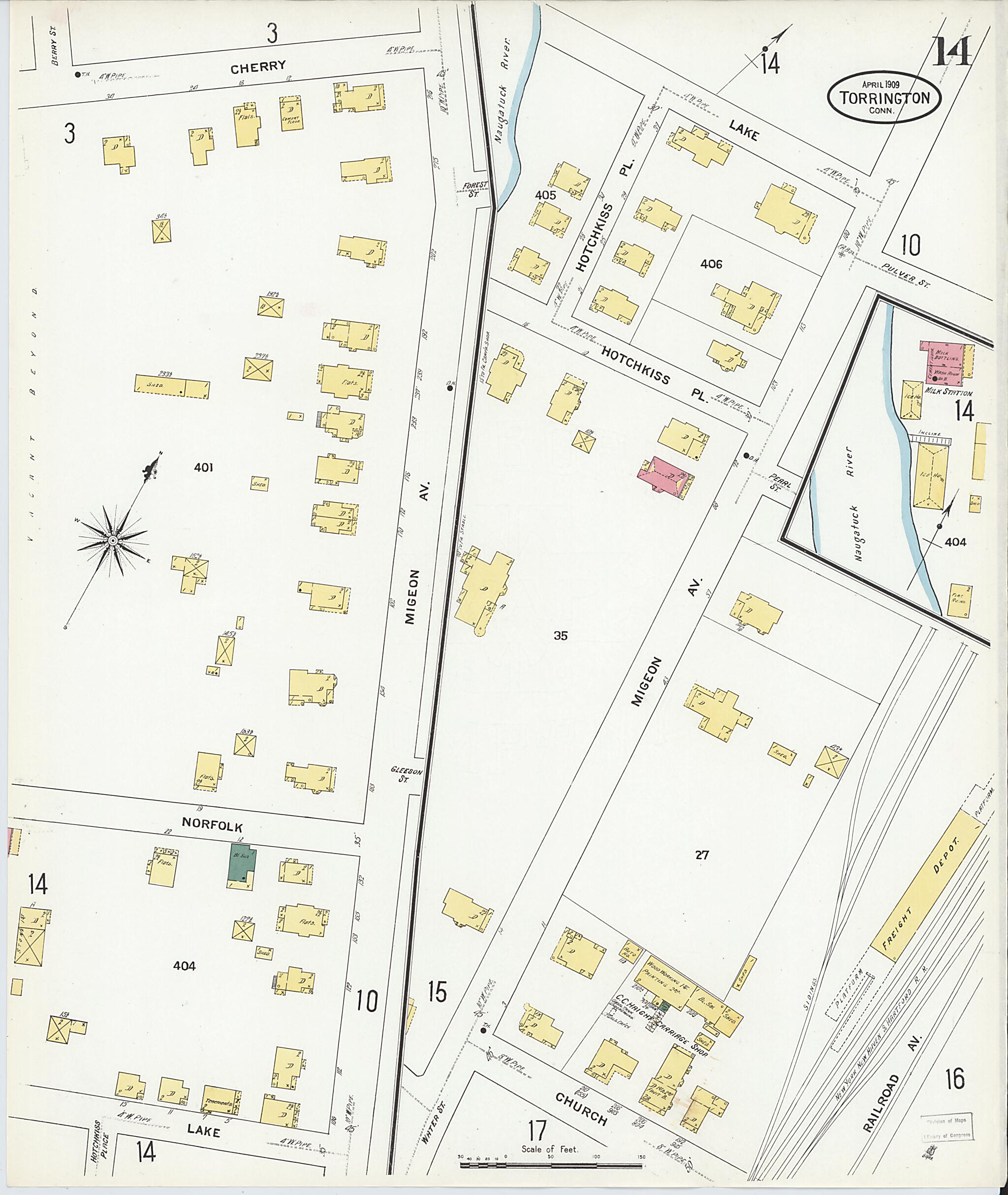 This old map of Torrington, Litchfield County, Connecticut was created by Sanborn Map Company in 1909