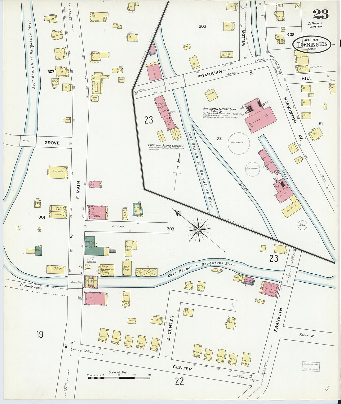 This old map of Torrington, Litchfield County, Connecticut was created by Sanborn Map Company in 1909