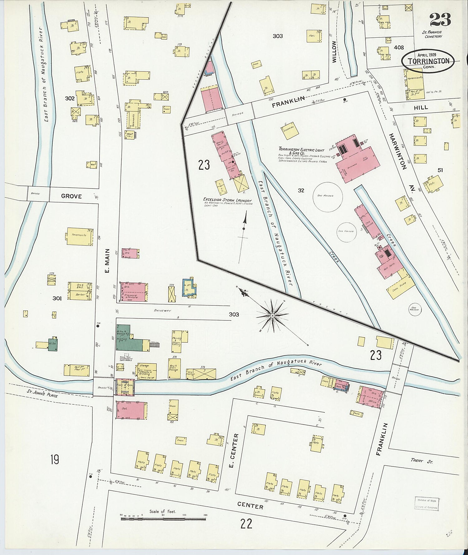 This old map of Torrington, Litchfield County, Connecticut was created by Sanborn Map Company in 1909