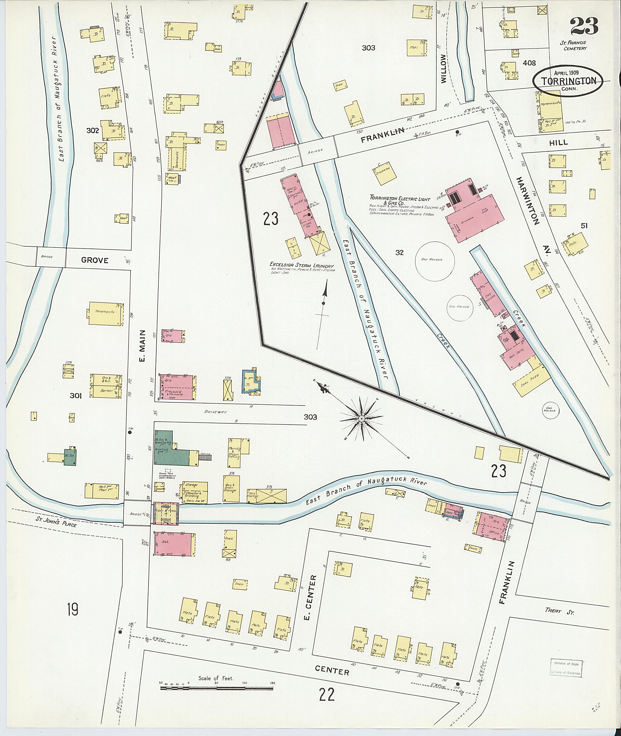 This old map of Torrington, Litchfield County, Connecticut was created by Sanborn Map Company in 1909