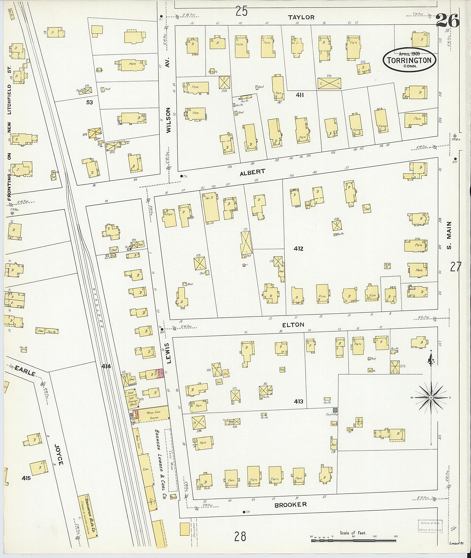 This old map of Torrington, Litchfield County, Connecticut was created by Sanborn Map Company in 1909