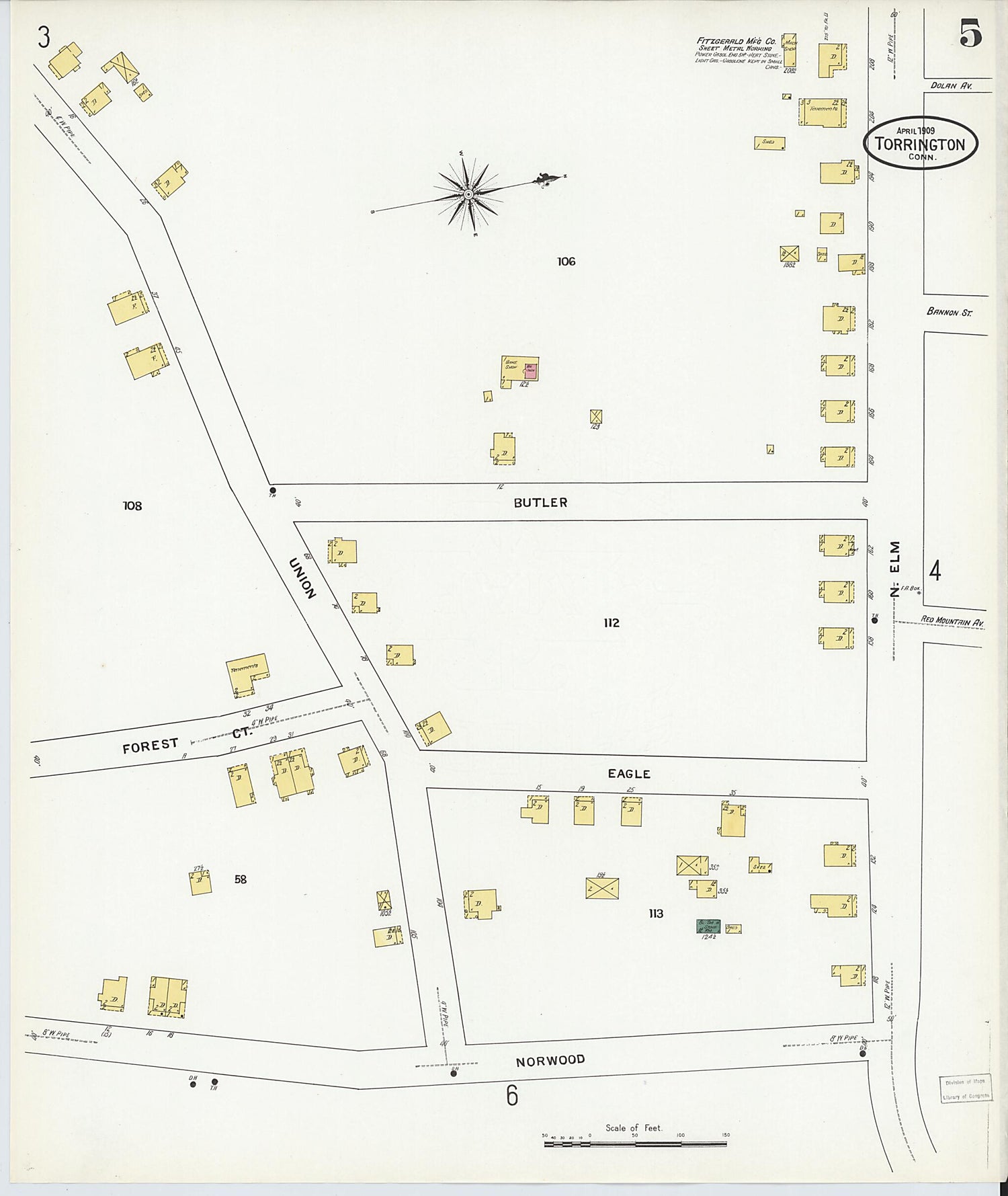 This old map of Torrington, Litchfield County, Connecticut was created by Sanborn Map Company in 1909