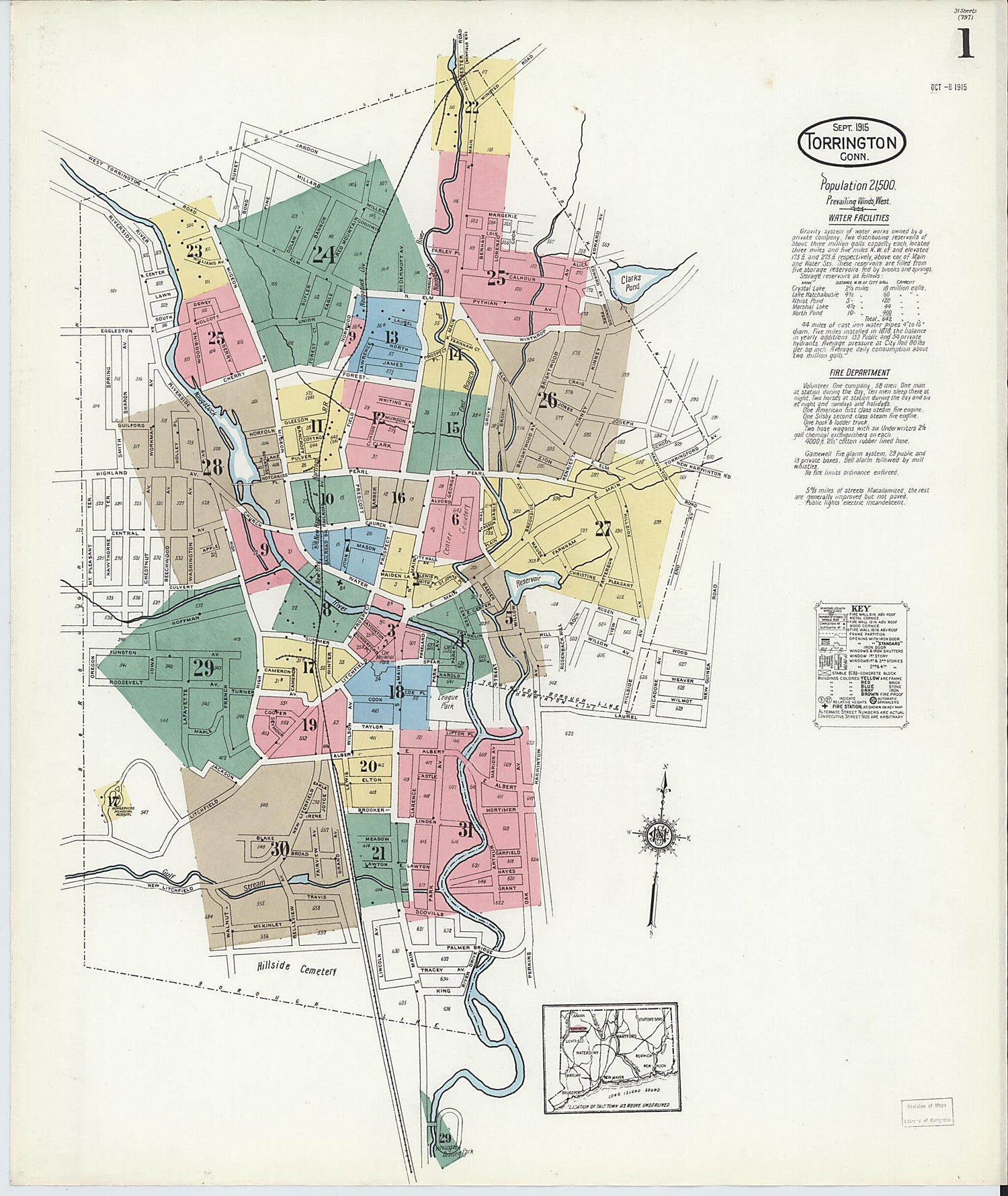 This old map of Torrington, Litchfield County, Connecticut was created by Sanborn Map Company in 1915