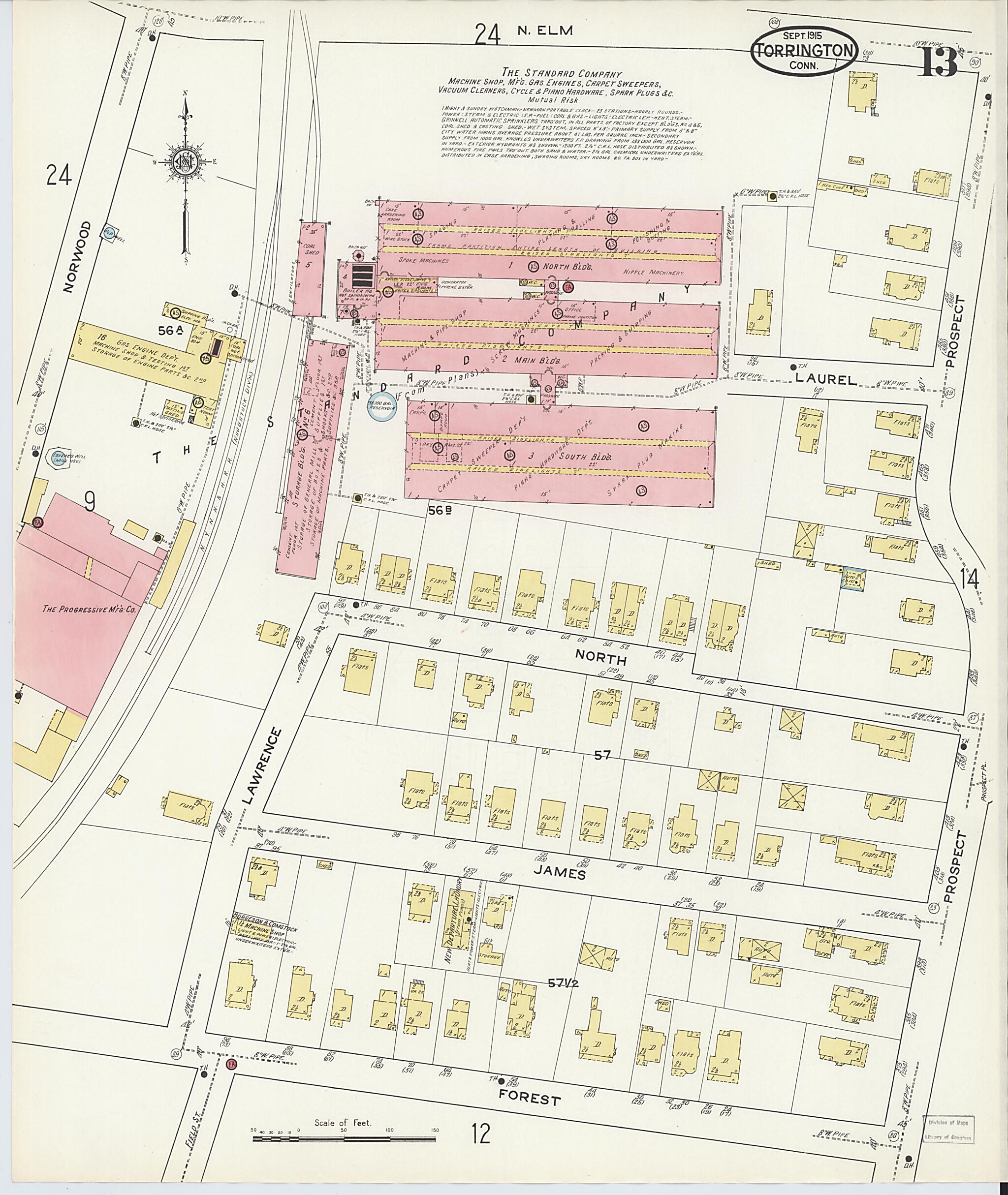 This old map of Torrington, Litchfield County, Connecticut was created by Sanborn Map Company in 1915