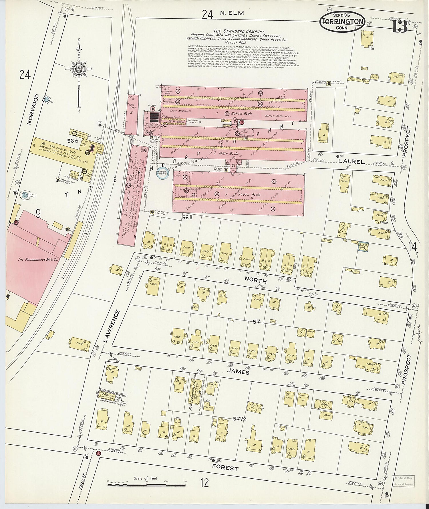 This old map of Torrington, Litchfield County, Connecticut was created by Sanborn Map Company in 1915
