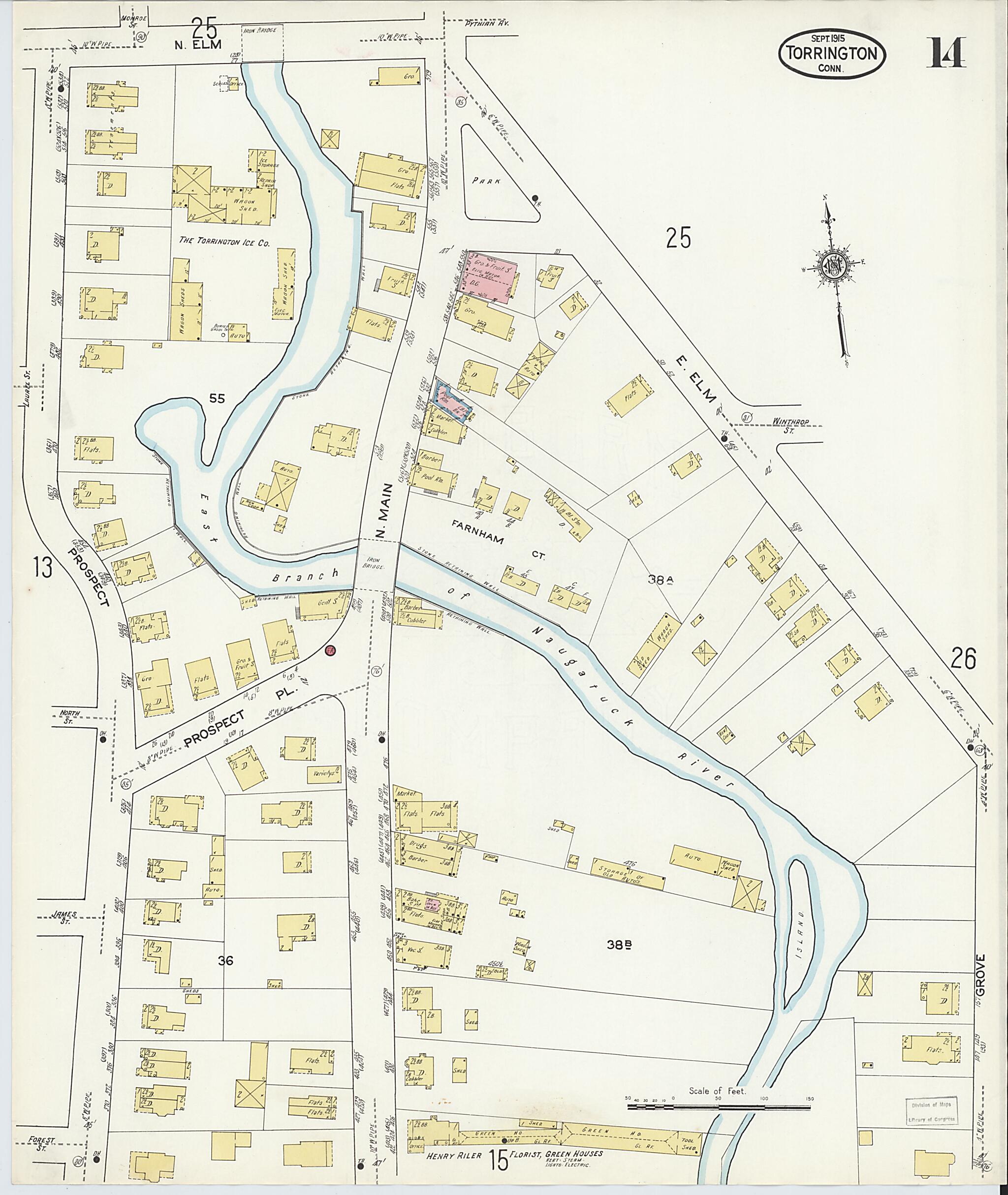 This old map of Torrington, Litchfield County, Connecticut was created by Sanborn Map Company in 1915