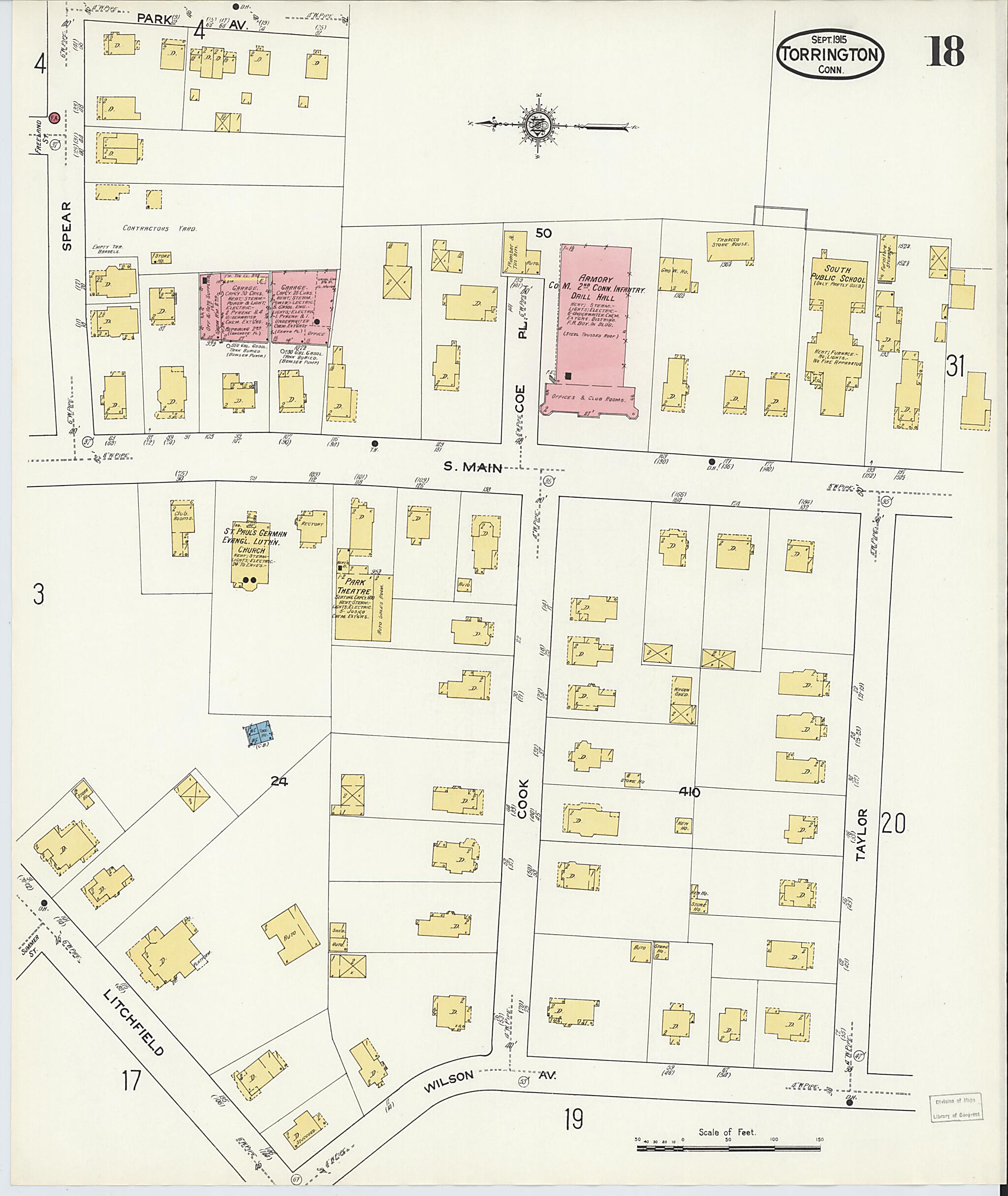 This old map of Torrington, Litchfield County, Connecticut was created by Sanborn Map Company in 1915