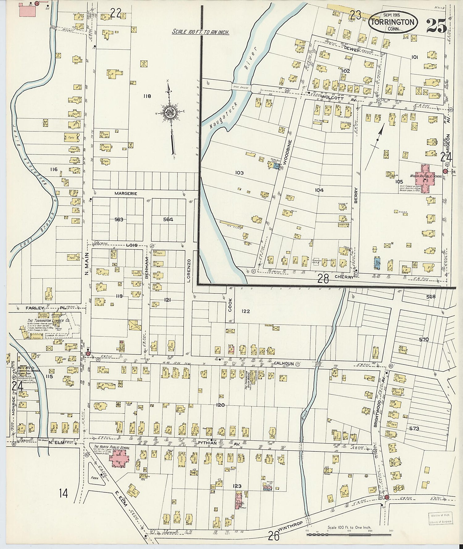 This old map of Torrington, Litchfield County, Connecticut was created by Sanborn Map Company in 1915