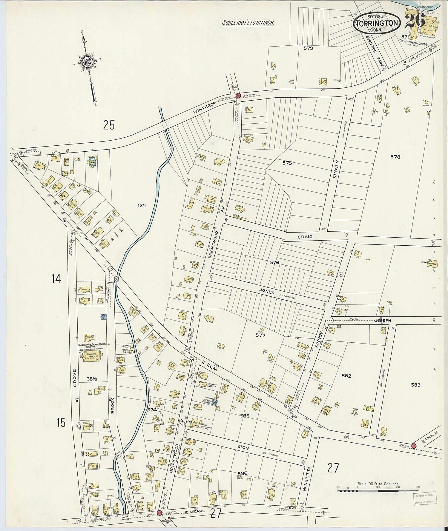 This old map of Torrington, Litchfield County, Connecticut was created by Sanborn Map Company in 1915