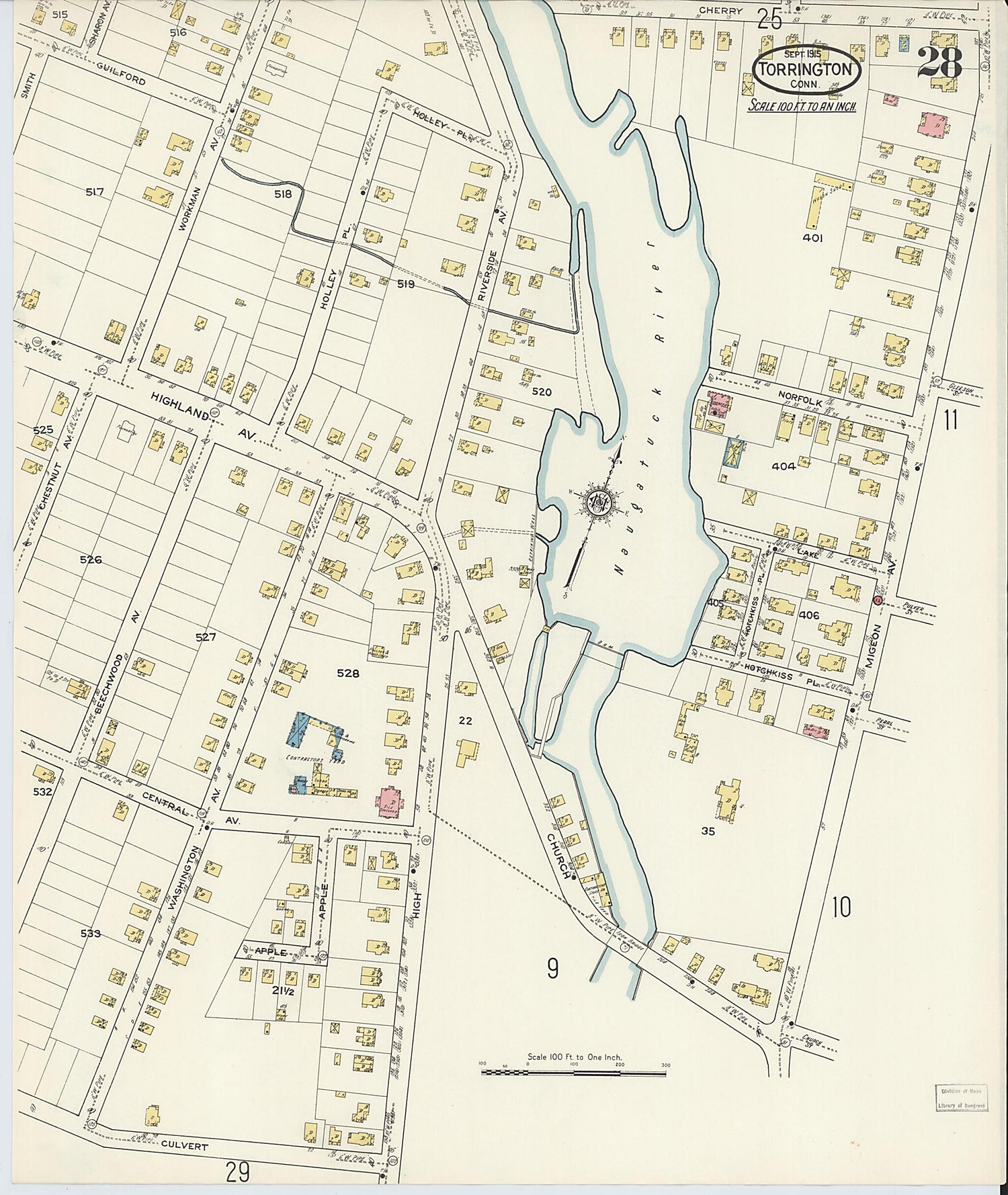 This old map of Torrington, Litchfield County, Connecticut was created by Sanborn Map Company in 1915