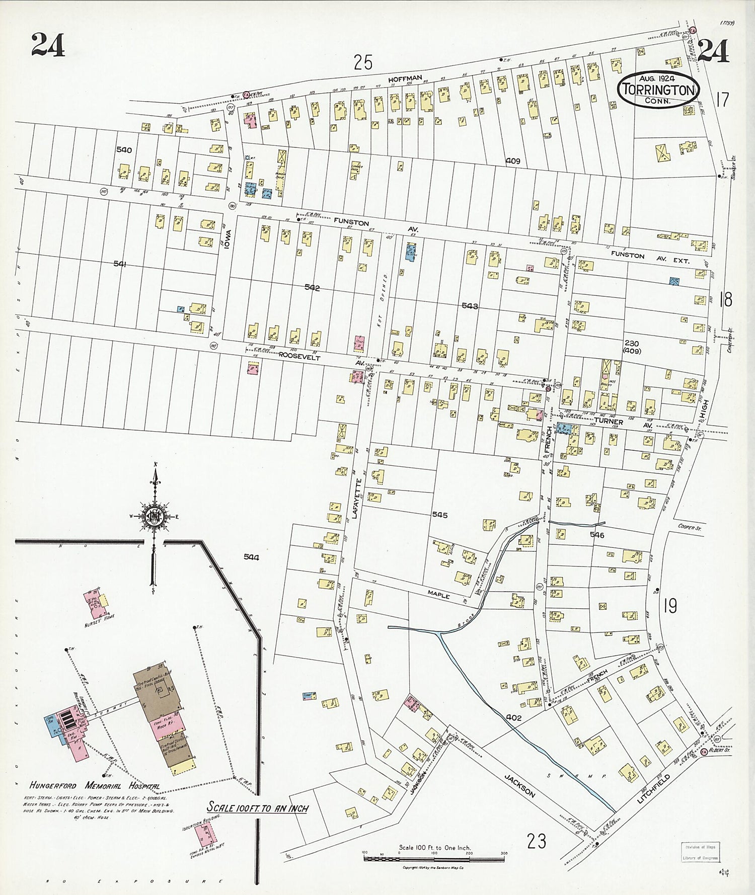 This old map of Torrington, Litchfield County, Connecticut was created by Sanborn Map Company in 1924