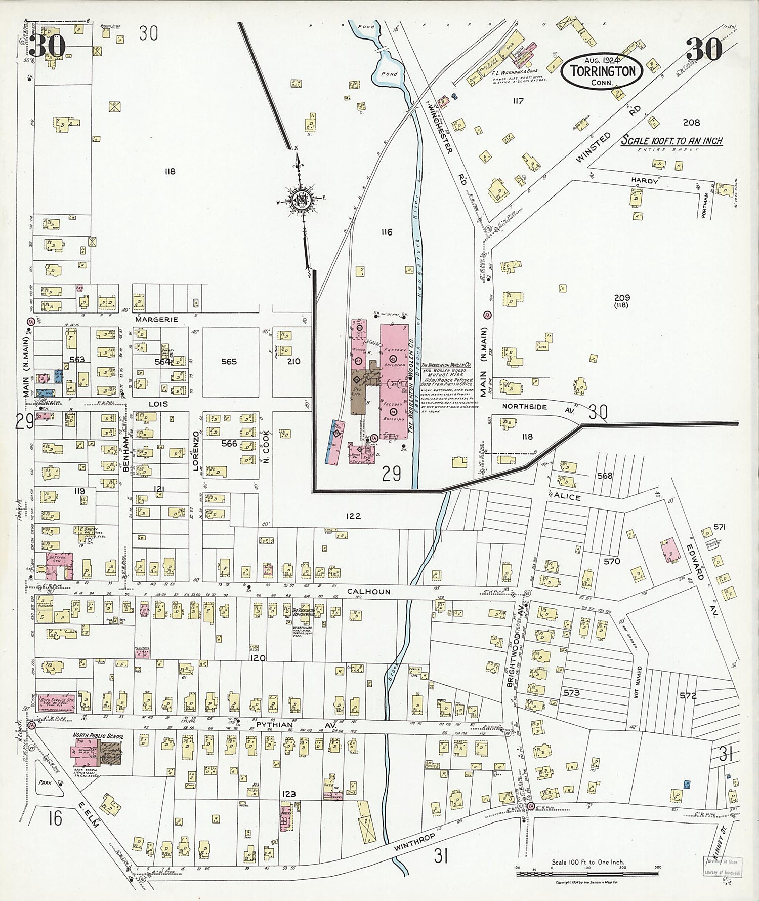 This old map of Torrington, Litchfield County, Connecticut was created by Sanborn Map Company in 1924