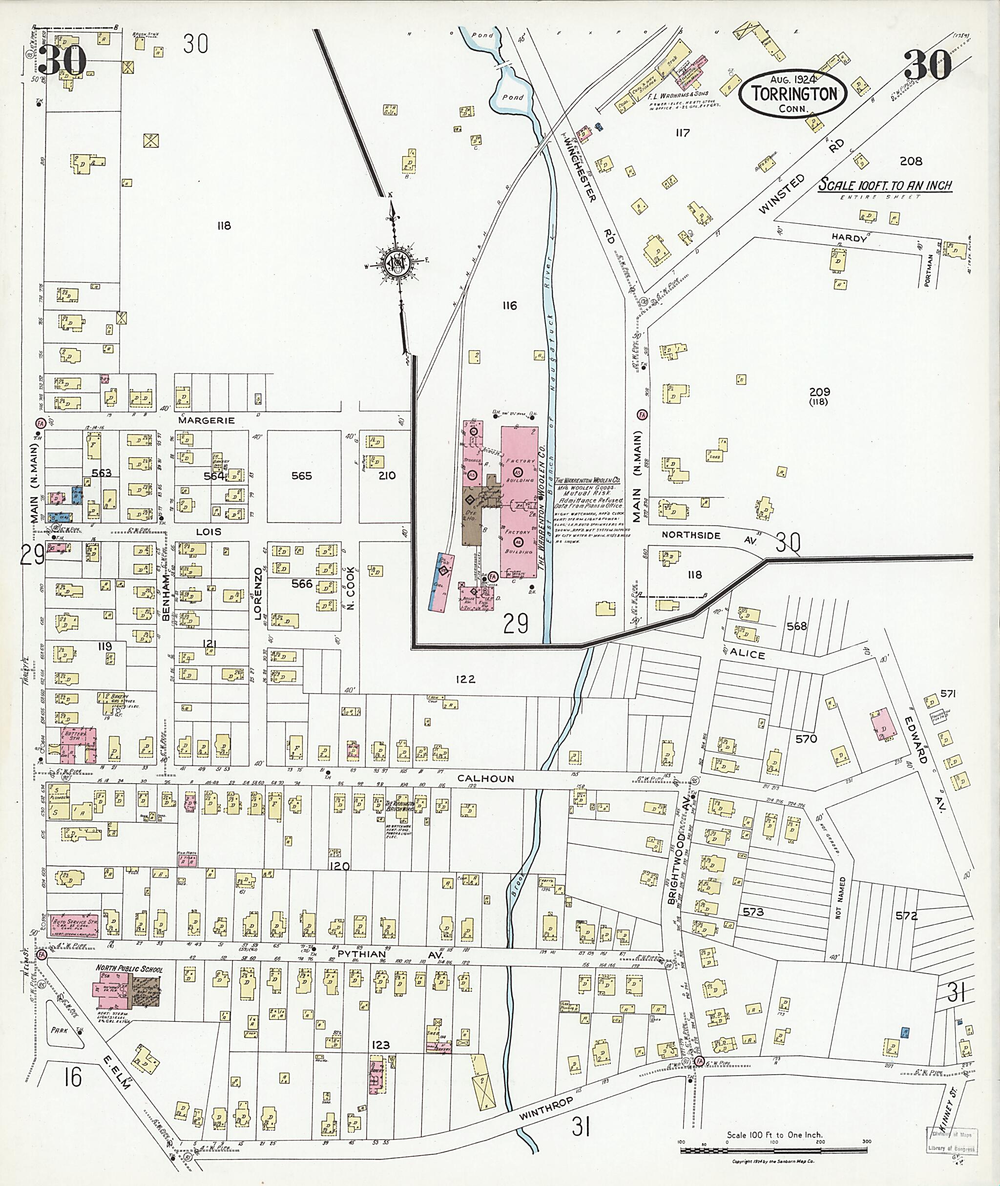 This old map of Torrington, Litchfield County, Connecticut was created by Sanborn Map Company in 1924