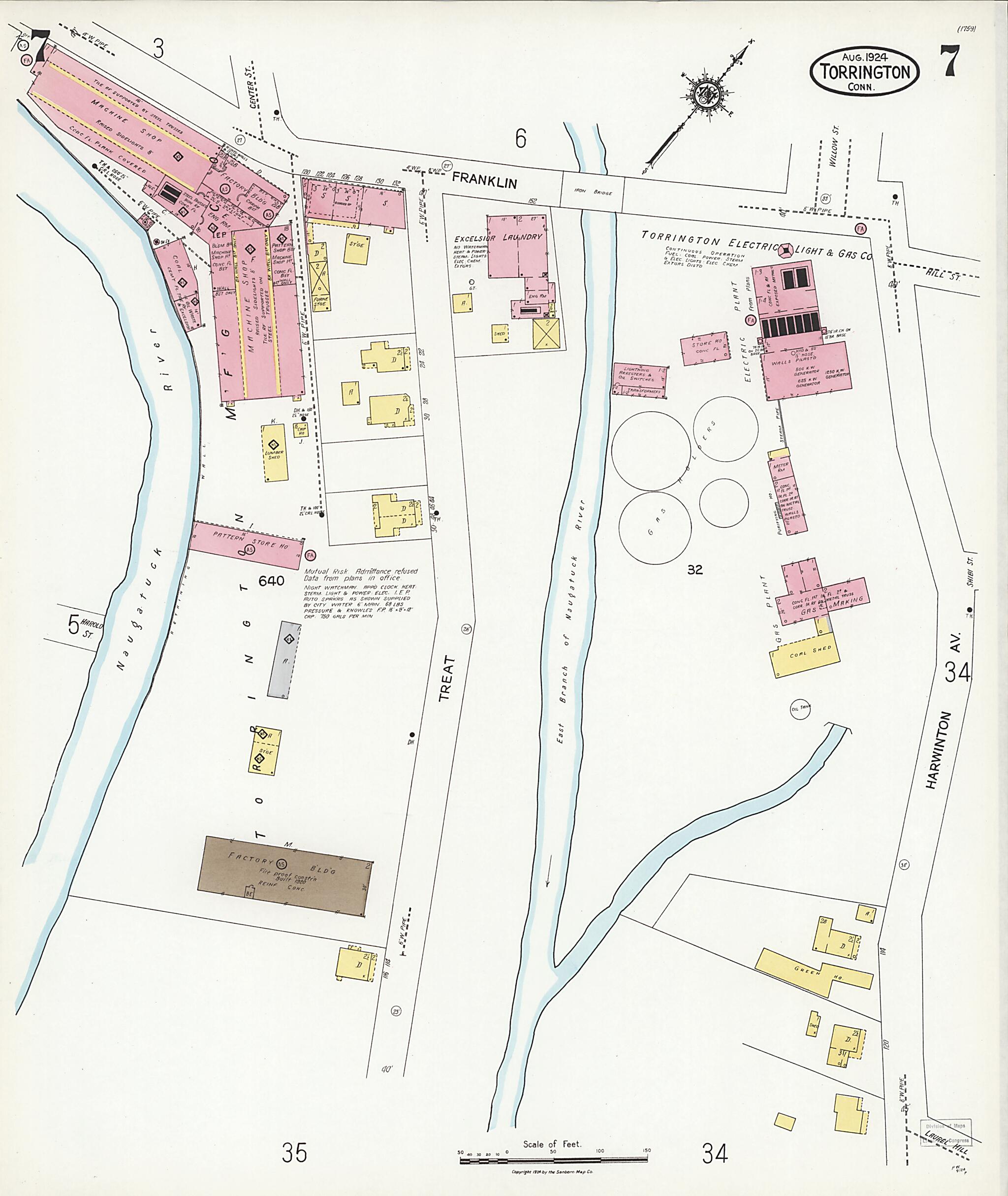 This old map of Torrington, Litchfield County, Connecticut was created by Sanborn Map Company in 1924