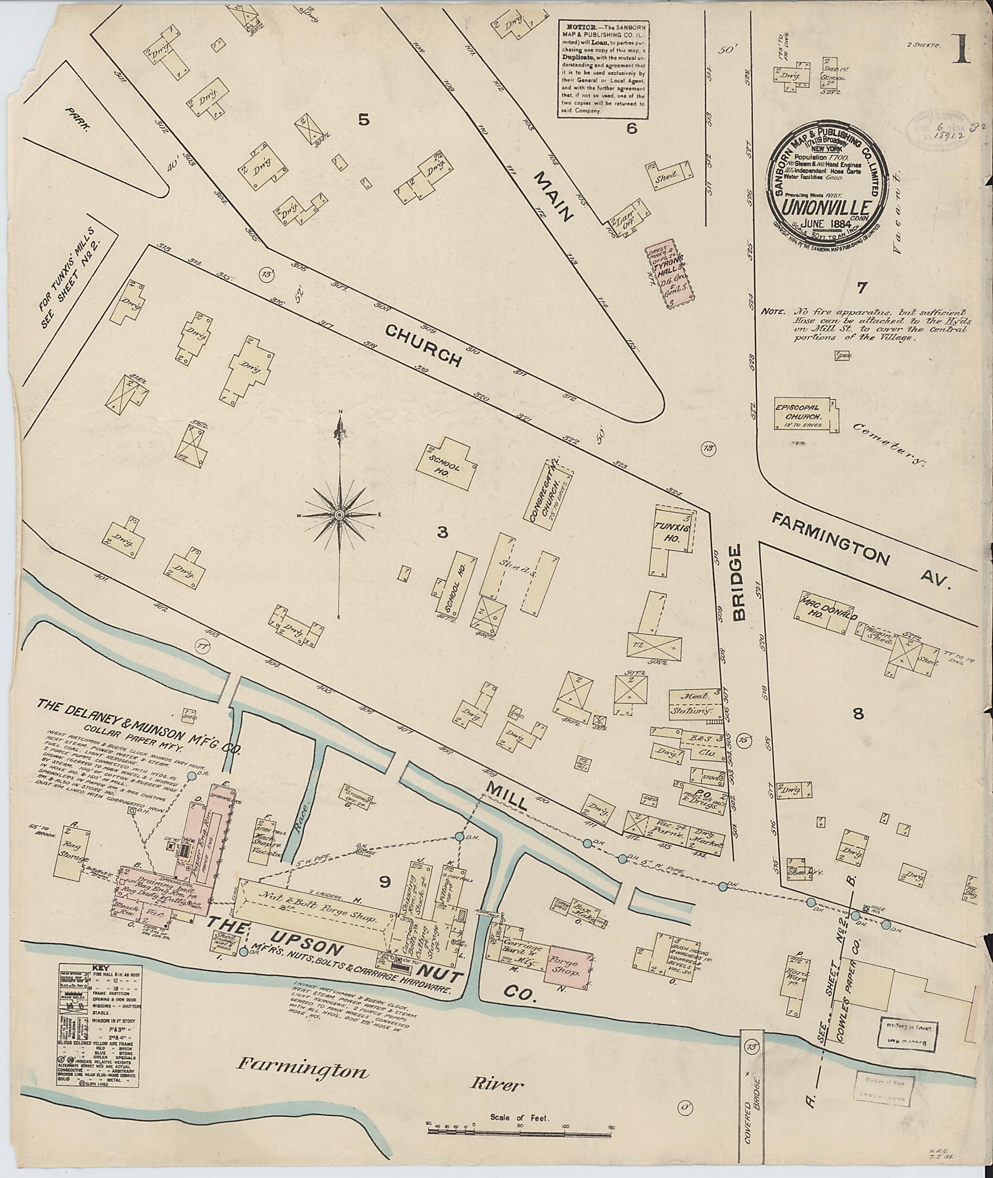 This old map of Unionville, Hartford County, Connecticut was created by Sanborn Map Company in 1884