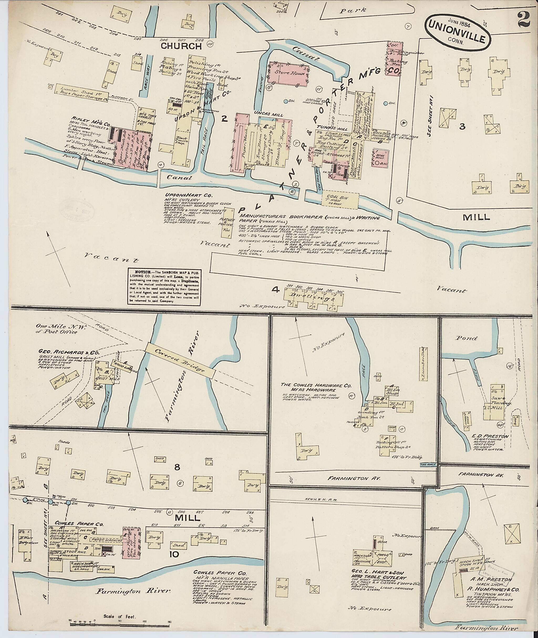 This old map of Unionville, Hartford County, Connecticut was created by Sanborn Map Company in 1884