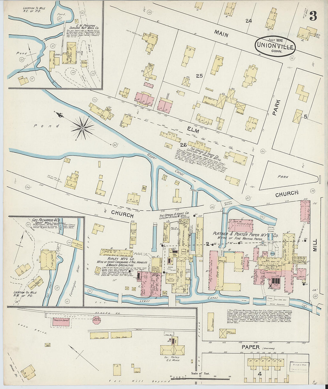 This old map of Unionville, Hartford County, Connecticut was created by Sanborn Map Company in 1892