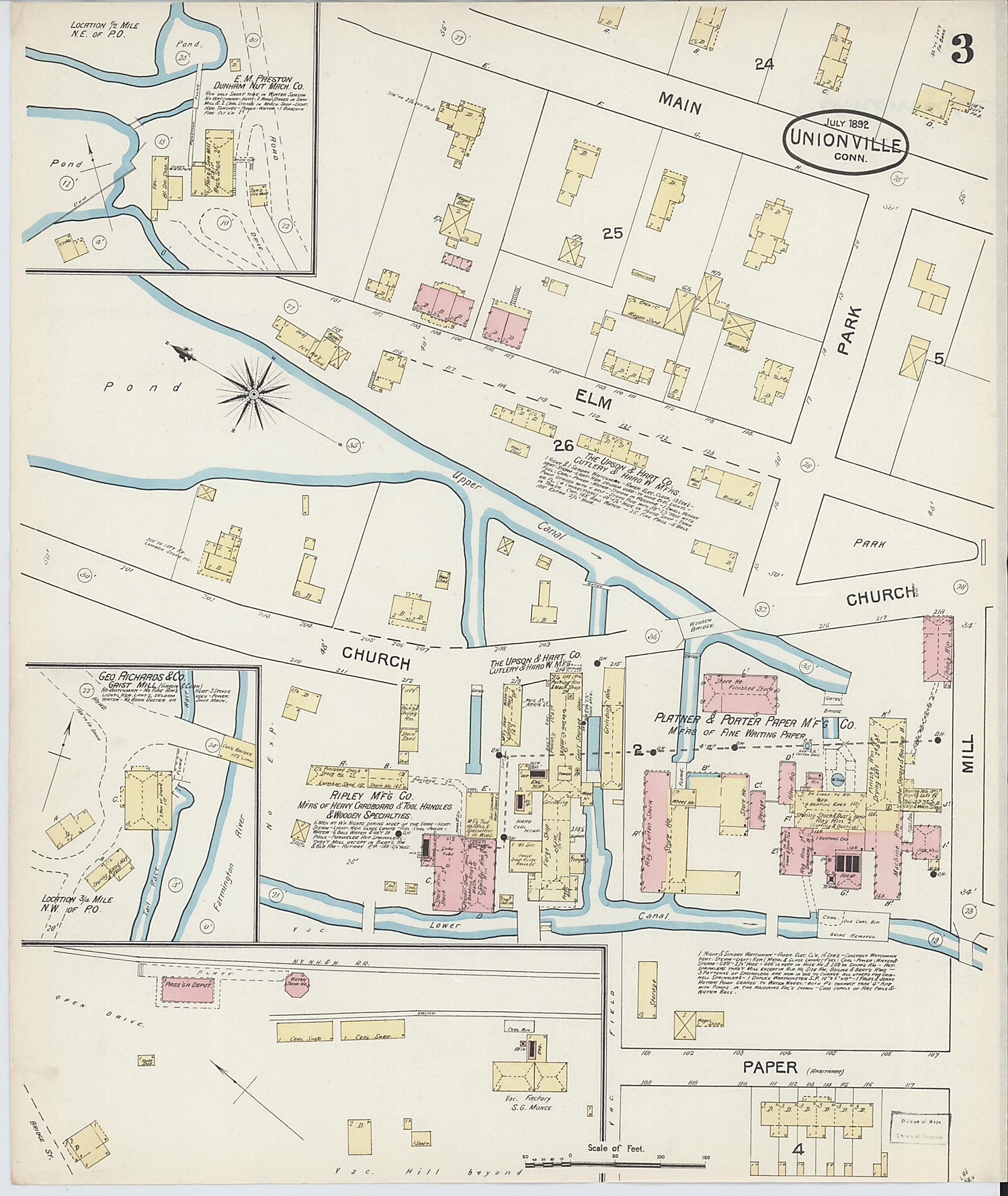 This old map of Unionville, Hartford County, Connecticut was created by Sanborn Map Company in 1892