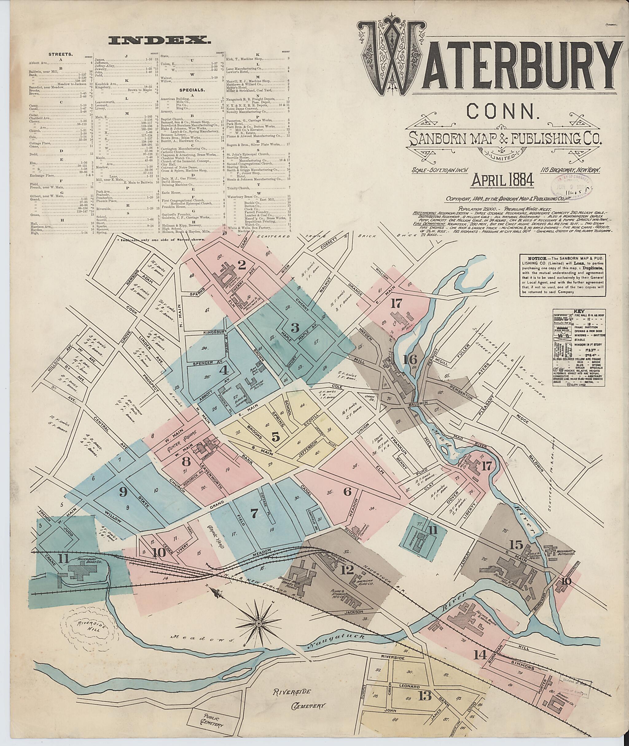 This old map of Waterbury, New Haven County, Connecticut was created by Sanborn Map Company in 1884