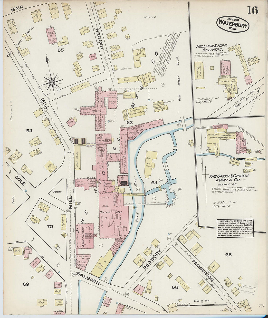 This old map of Waterbury, New Haven County, Connecticut was created by Sanborn Map Company in 1884
