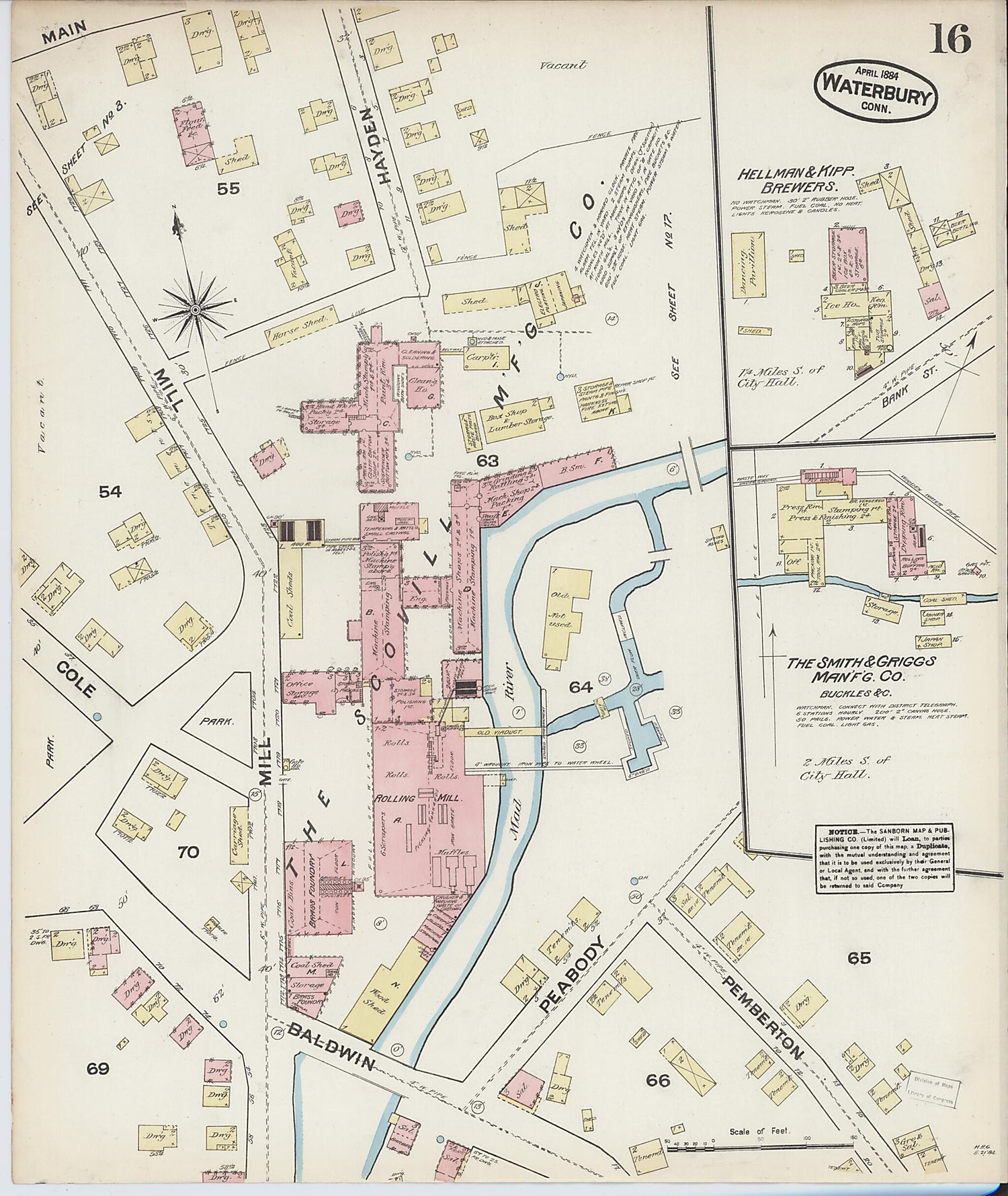 This old map of Waterbury, New Haven County, Connecticut was created by Sanborn Map Company in 1884