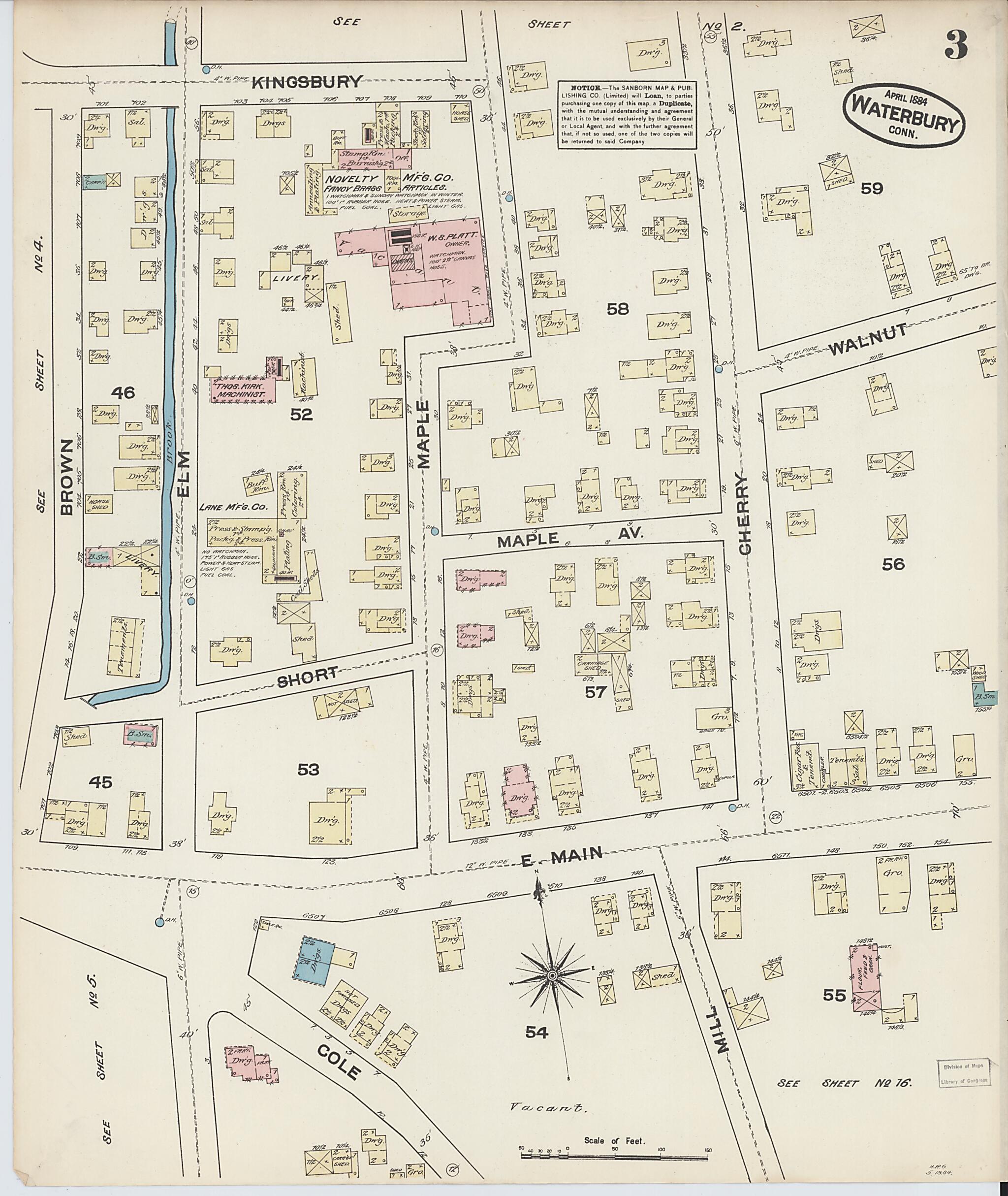 This old map of Waterbury, New Haven County, Connecticut was created by Sanborn Map Company in 1884