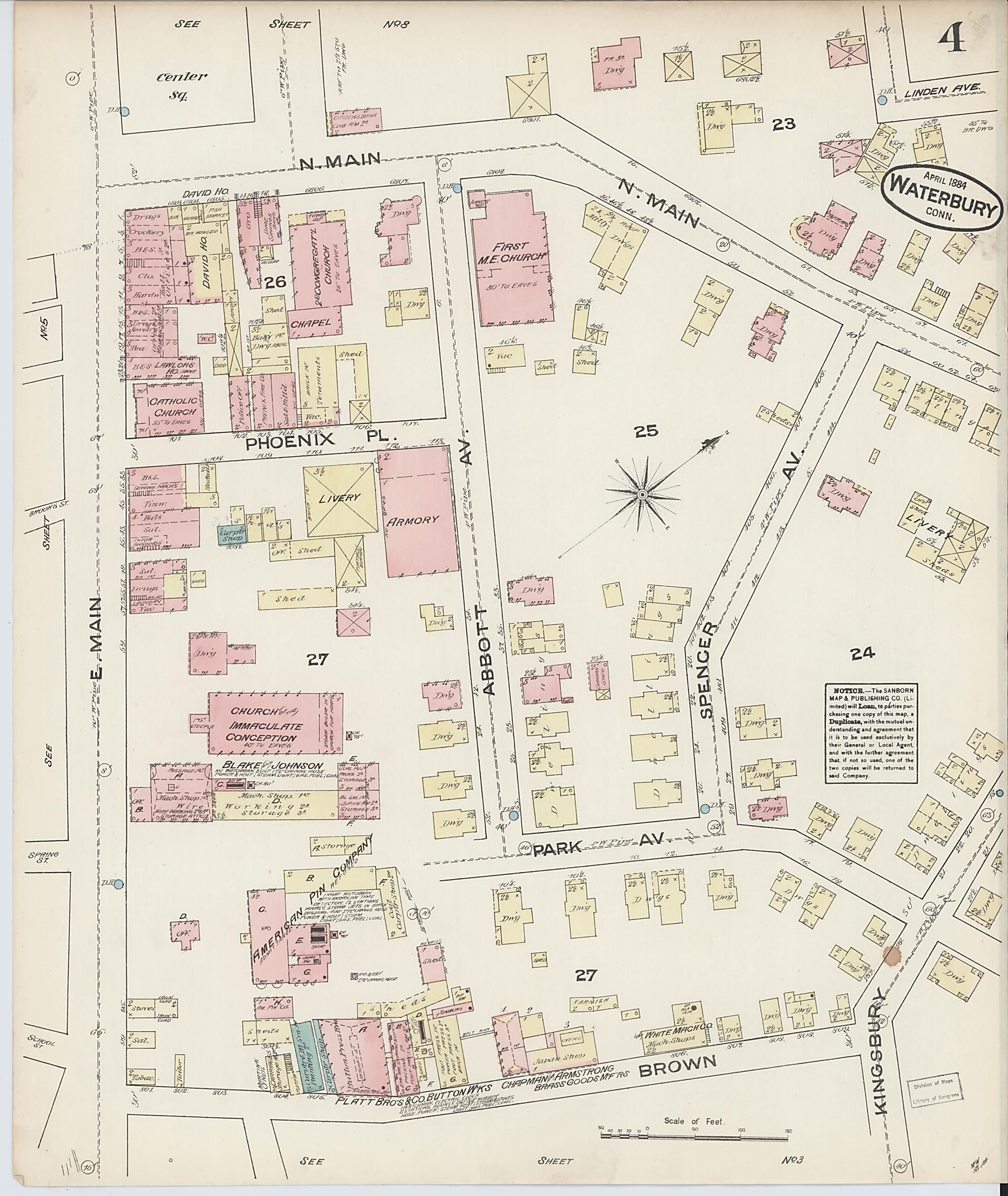 This old map of Waterbury, New Haven County, Connecticut was created by Sanborn Map Company in 1884