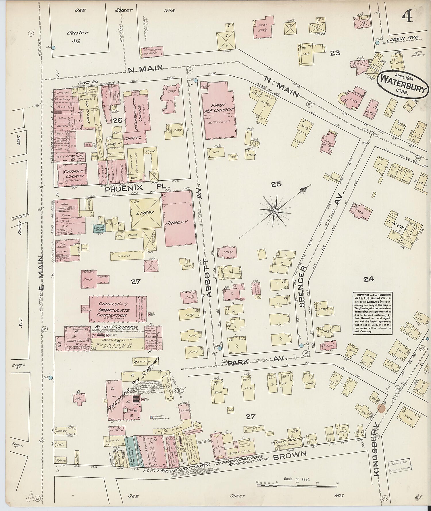 This old map of Waterbury, New Haven County, Connecticut was created by Sanborn Map Company in 1884