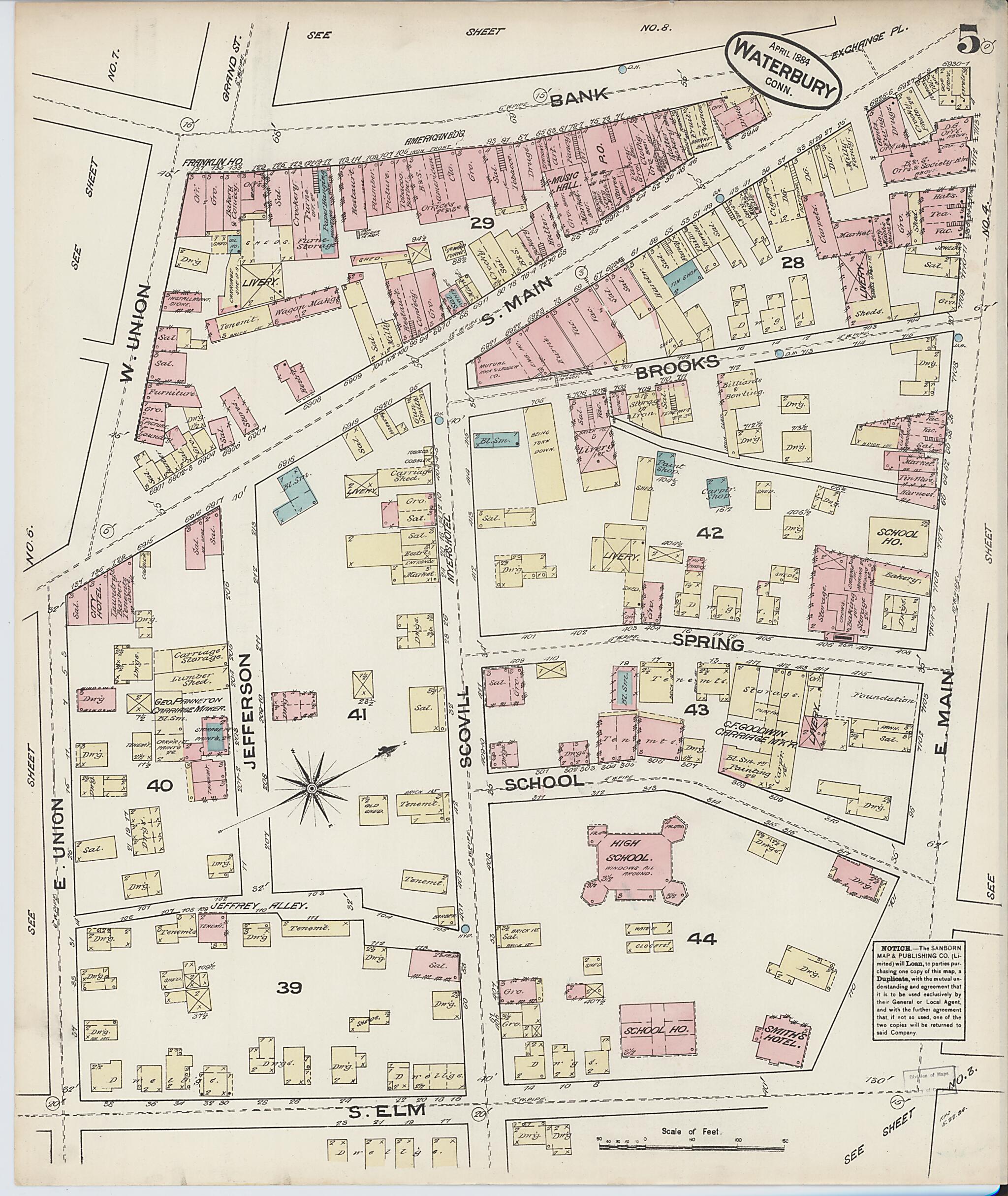 This old map of Waterbury, New Haven County, Connecticut was created by Sanborn Map Company in 1884