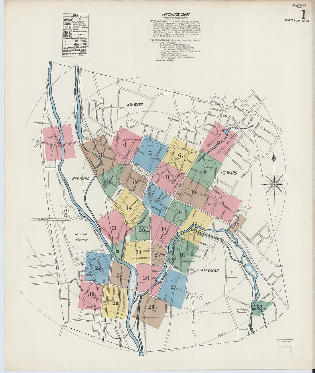 This old map of Waterbury, New Haven County, Connecticut was created by Sanborn Map Company in 1890