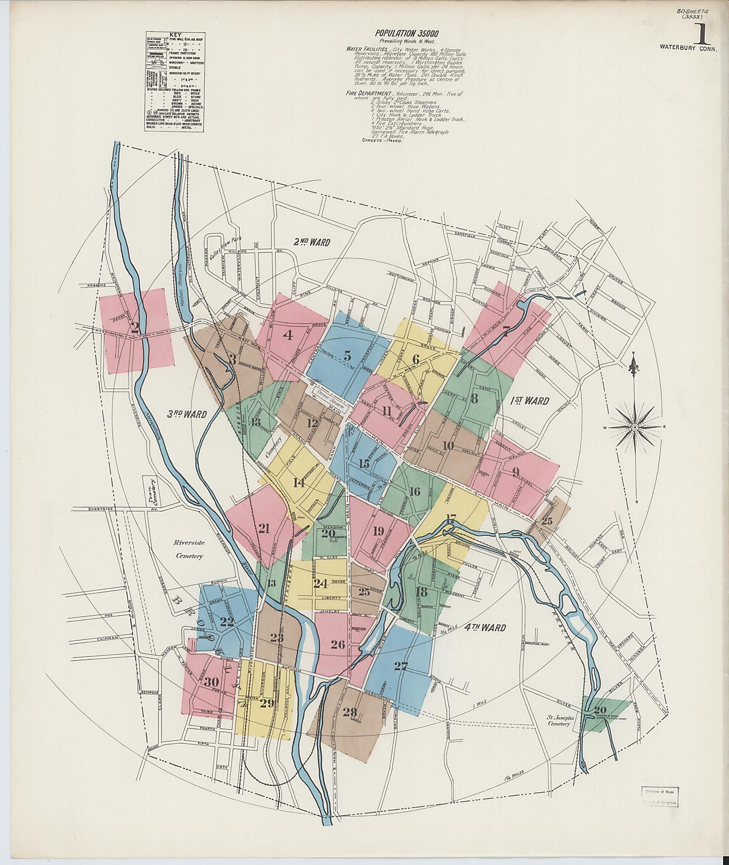 This old map of Waterbury, New Haven County, Connecticut was created by Sanborn Map Company in 1890