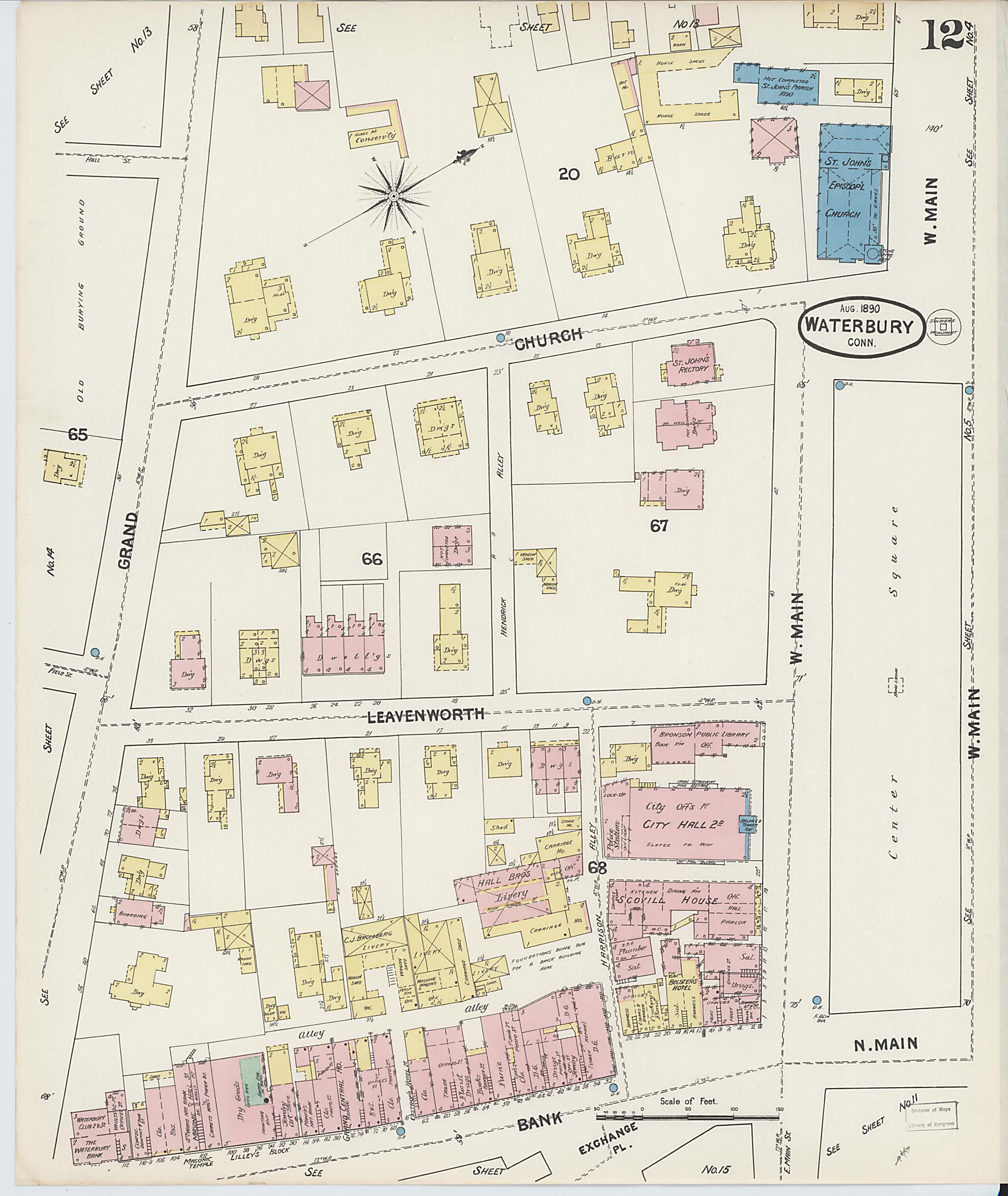 This old map of Waterbury, New Haven County, Connecticut was created by Sanborn Map Company in 1890