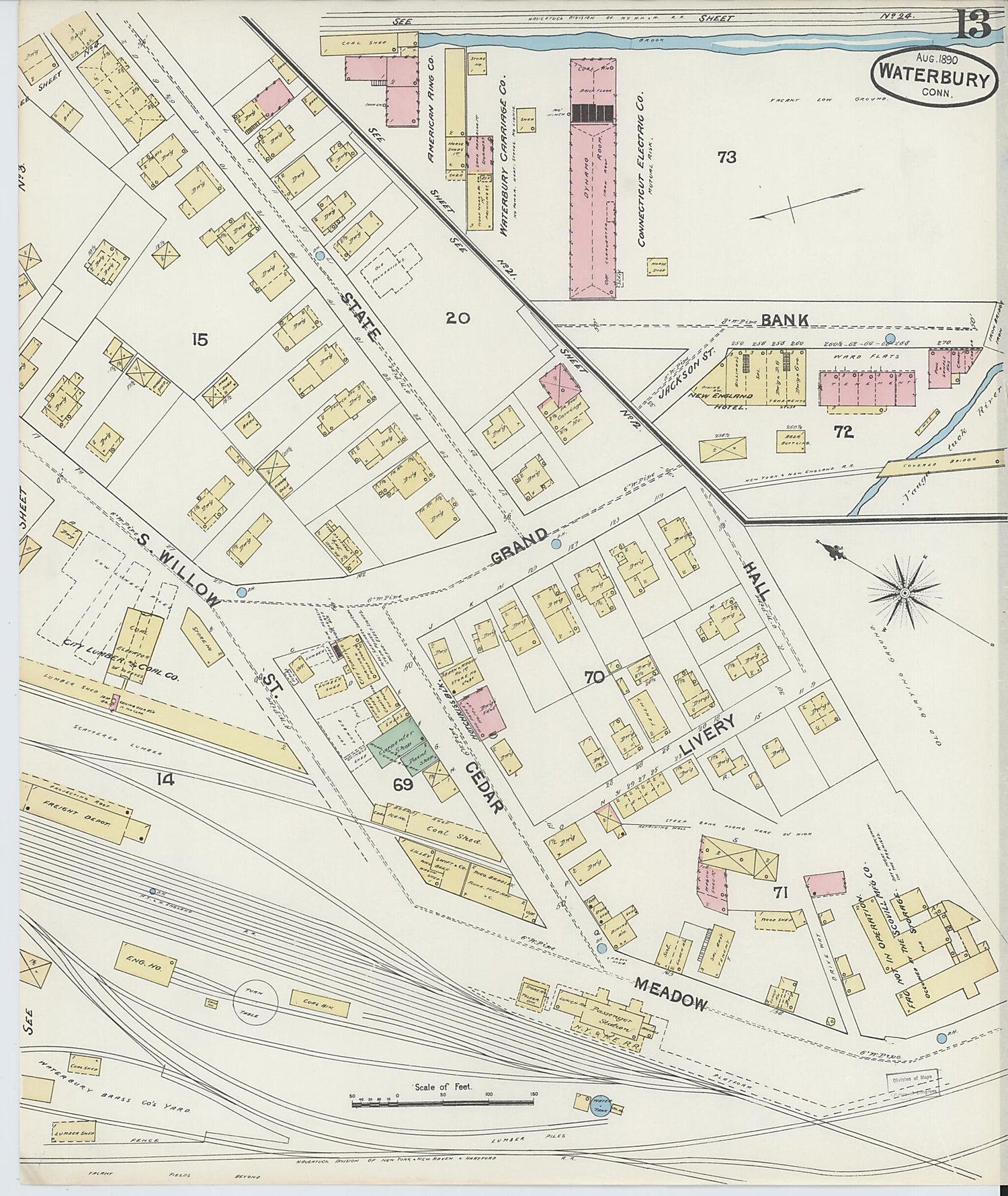 This old map of Waterbury, New Haven County, Connecticut was created by Sanborn Map Company in 1890