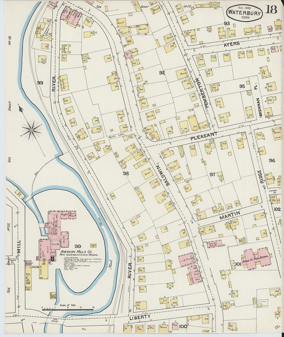 This old map of Waterbury, New Haven County, Connecticut was created by Sanborn Map Company in 1890