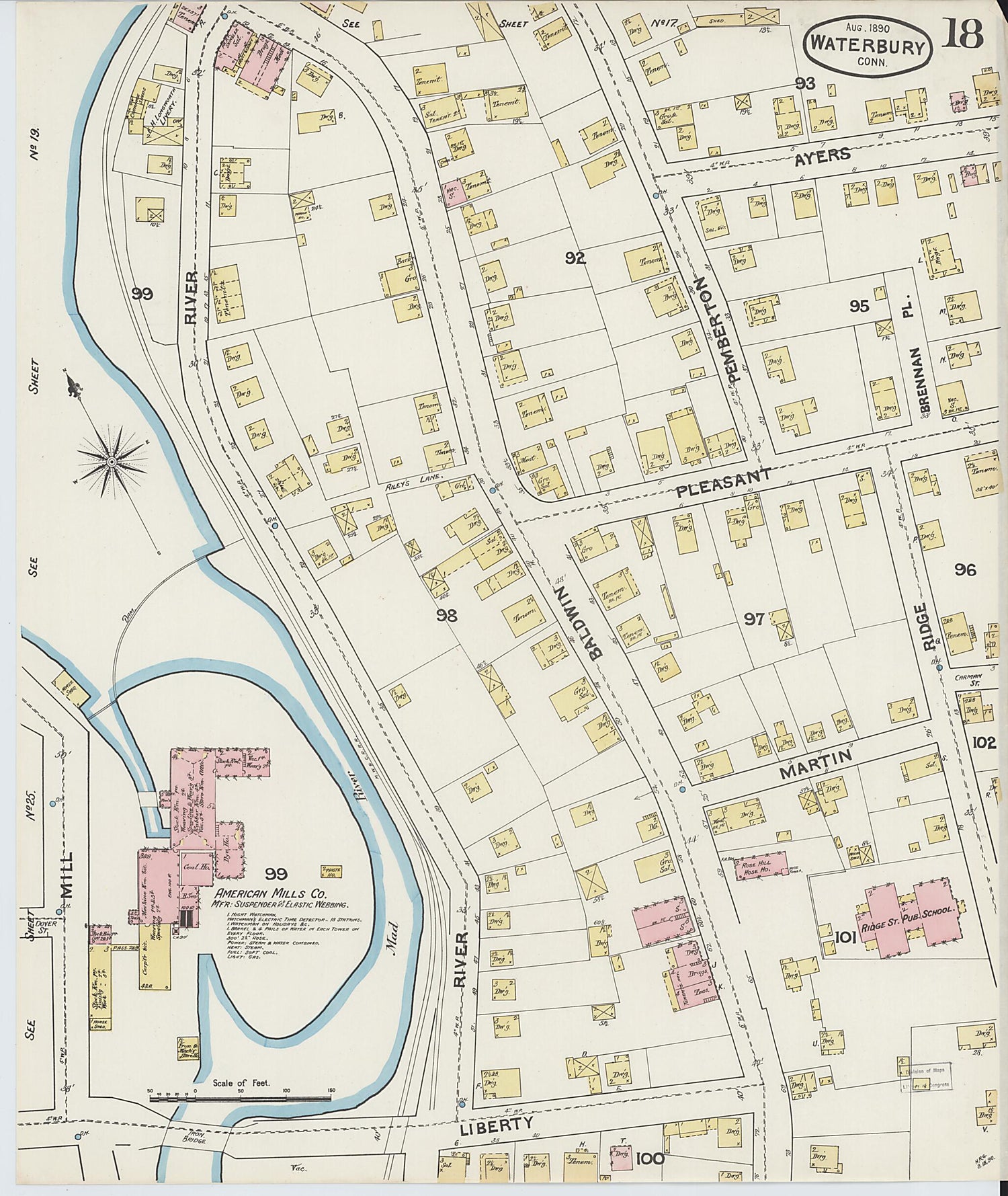This old map of Waterbury, New Haven County, Connecticut was created by Sanborn Map Company in 1890