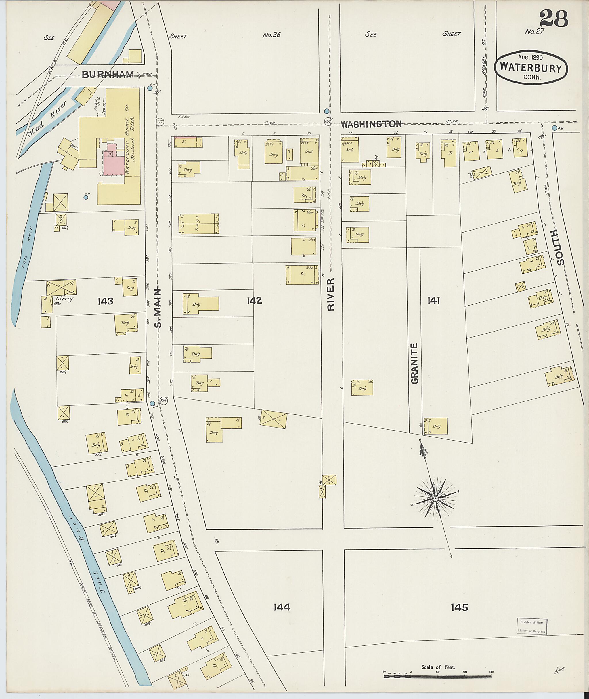 This old map of Waterbury, New Haven County, Connecticut was created by Sanborn Map Company in 1890