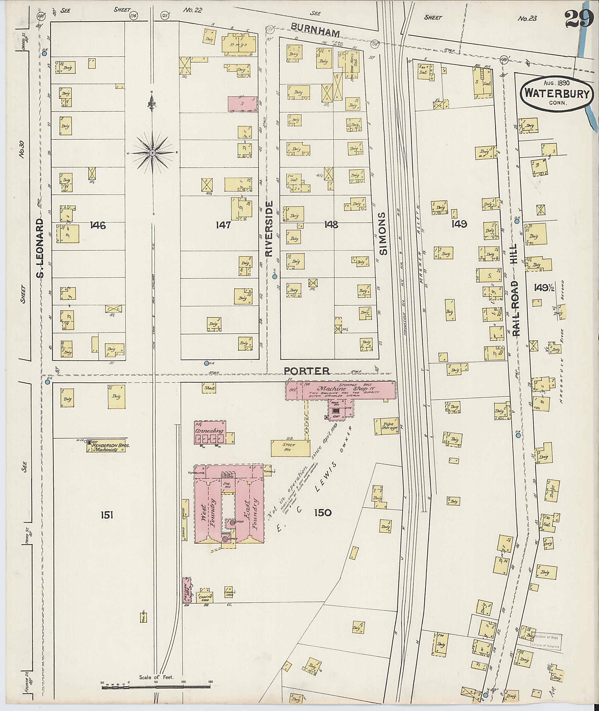 This old map of Waterbury, New Haven County, Connecticut was created by Sanborn Map Company in 1890